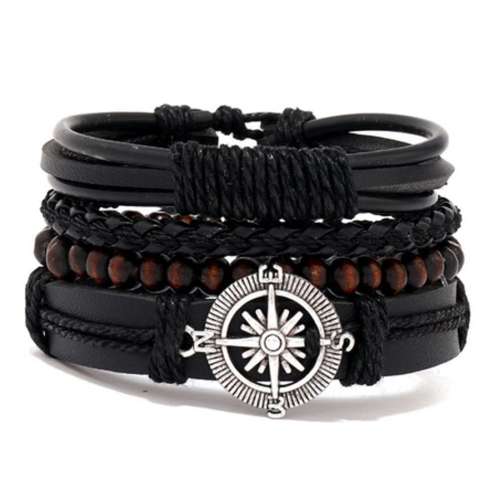 BUNGSA Armband Lederarmband breit braun/schwarz Unisex - Kompass (1 Armband, 1-tlg), Bracelet Armschmuck
