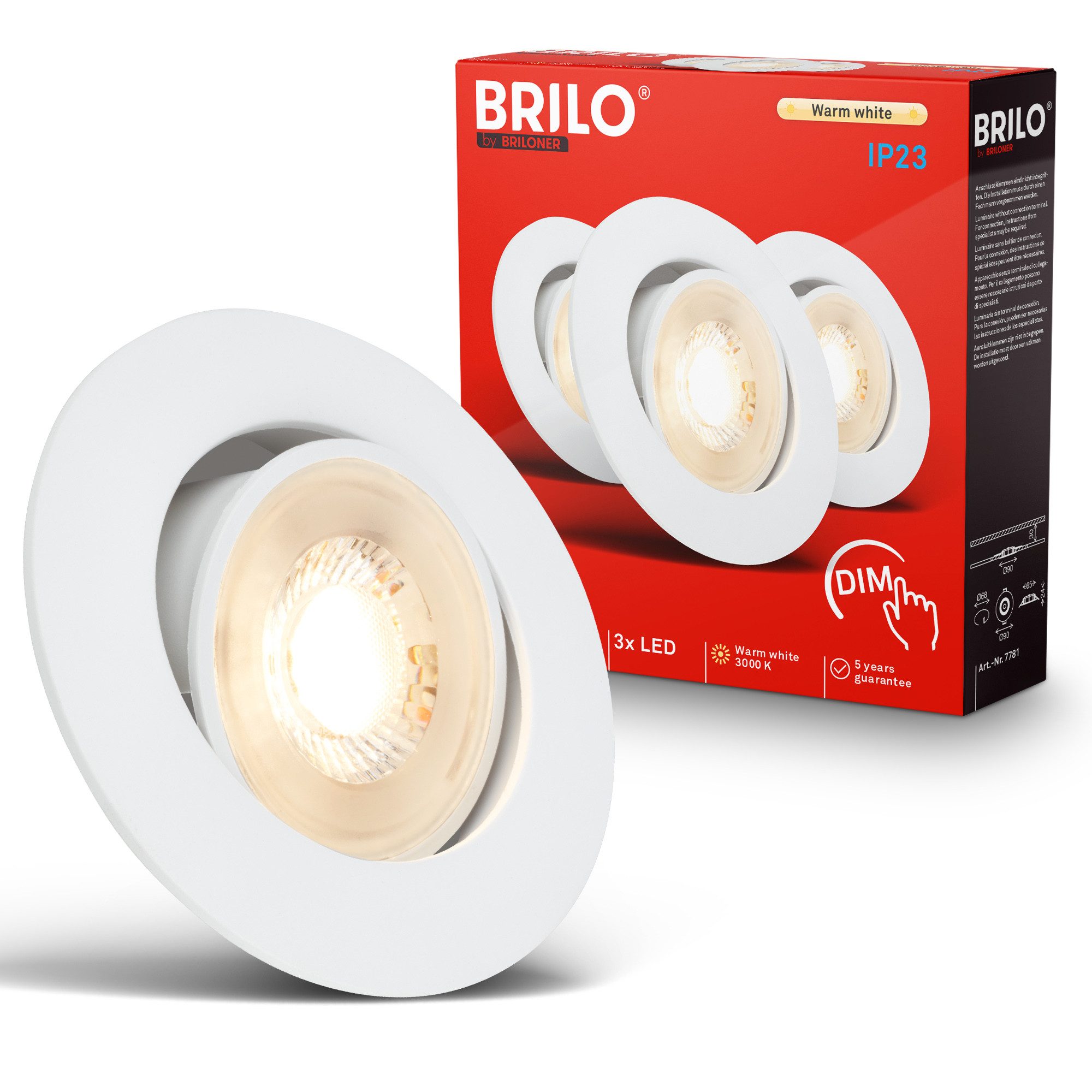 Briloner Leuchten LED Einbauleuchte Einbaustrahler 3er Set Dimmbar Schwenkbar, Dimmbar, LED fest integriert, Warmweiß, 90x24 mm, Wohnzimmer, Flur
