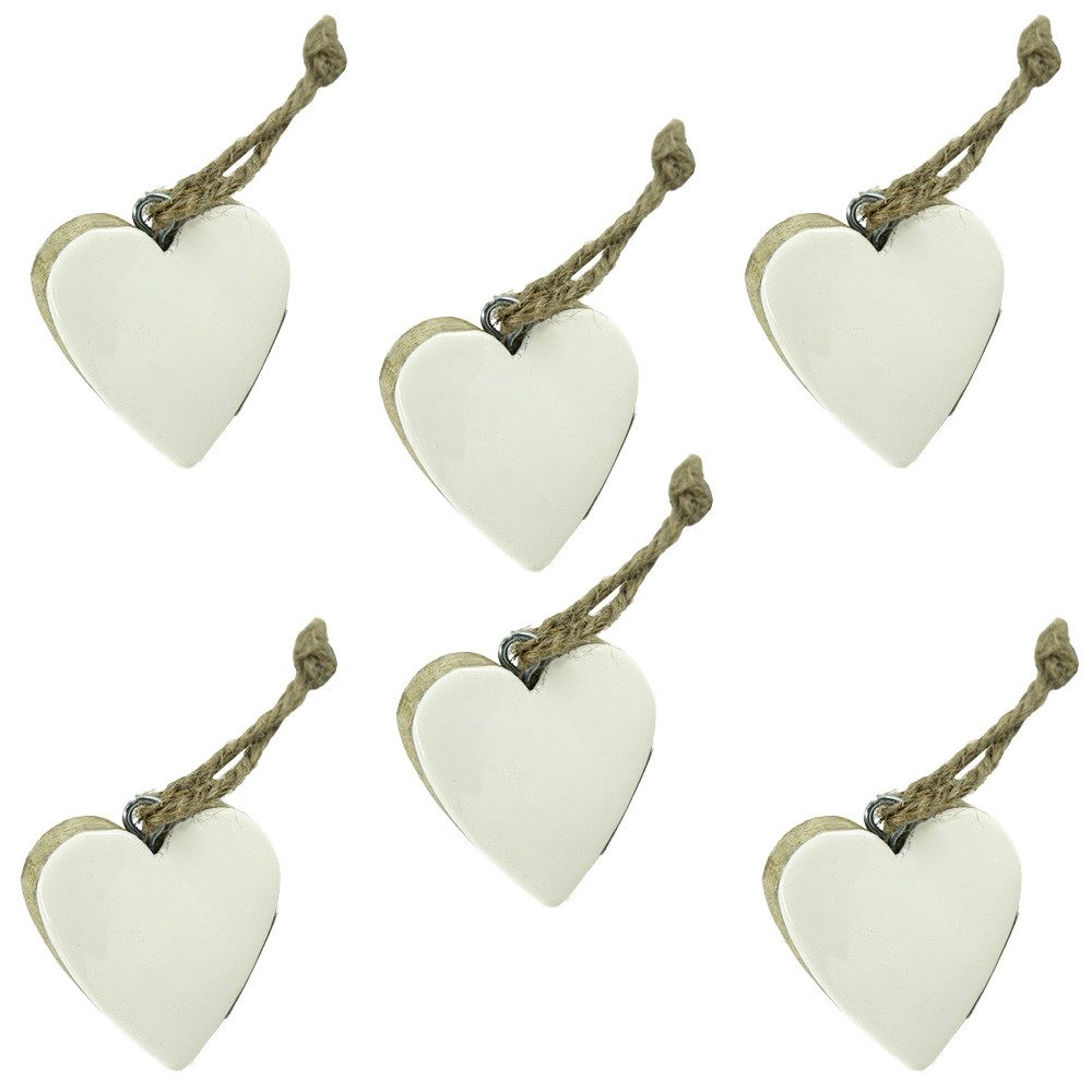 NOOR LIVING Dekohänger Herz Anhänger aus Mangoholz mit weißer Glasierung- 6 Stück (Deko Herzen weiß zum Aufhängen, 6 St., für Muttertag, Hochzeit, Tischdeko), LxBxH : 6cm x 5,5cm x 2cm