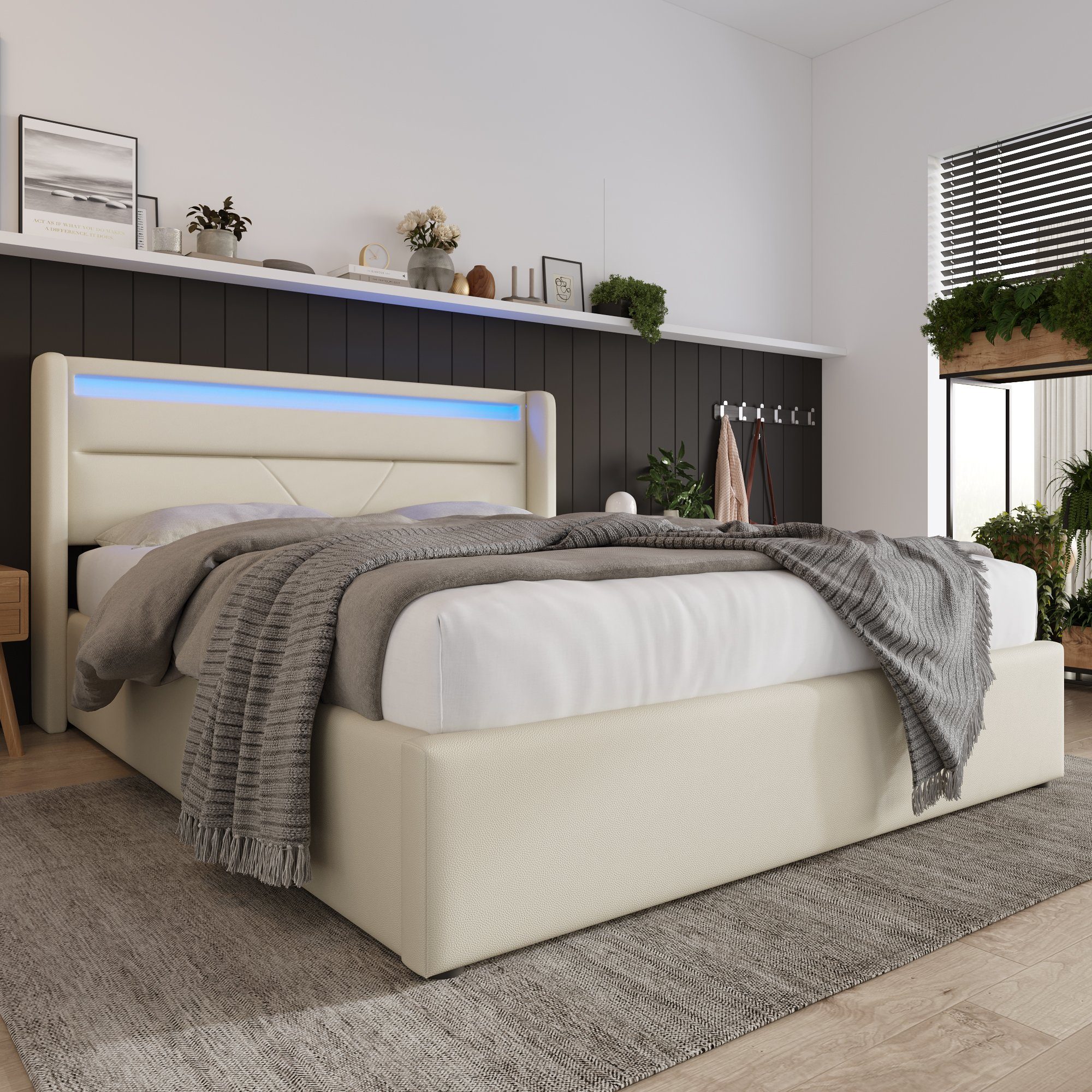 EXTSUD Funktionsbett Funktionsbett 140x200 cm – Stauraumbett, LED, hydraulisch, weiß, Doppelbettrahmen 140x200cm, Feature-Bett, weiß (mit Fernbedienung)