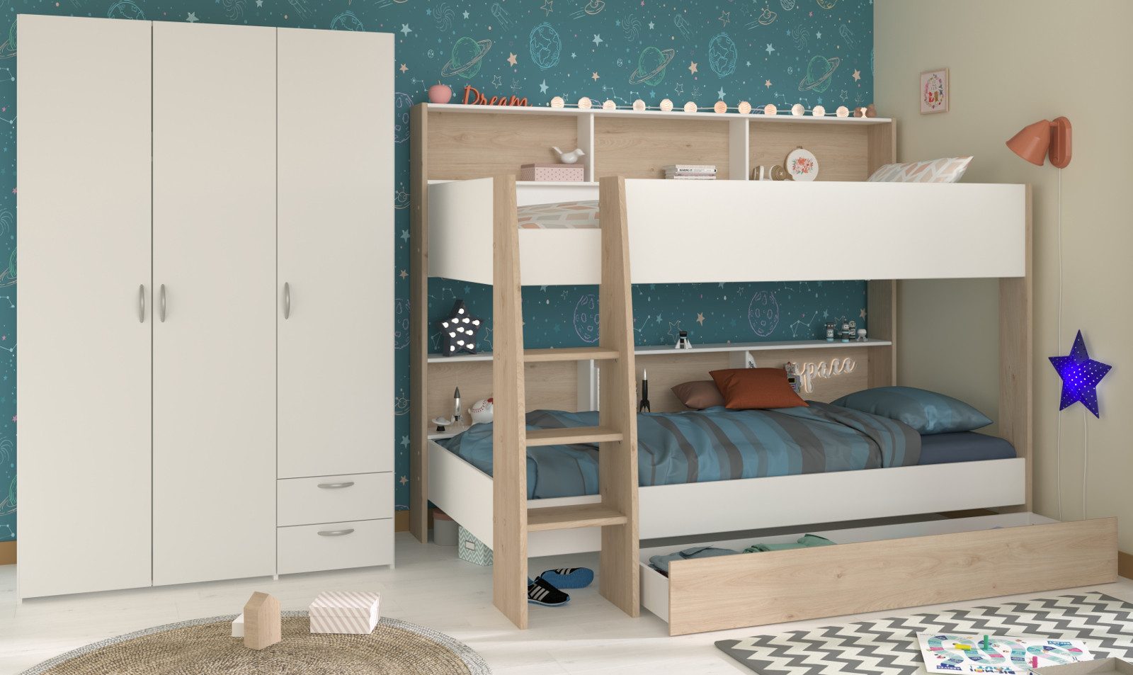 Parisot Jugendzimmer-Set Cover, (Kinderzimmer Set mit Etagenbett und 3-türigem Kleiderschrank, 2x Liegefläche 90 x 200 cm), kein Lattenrost erforderlich