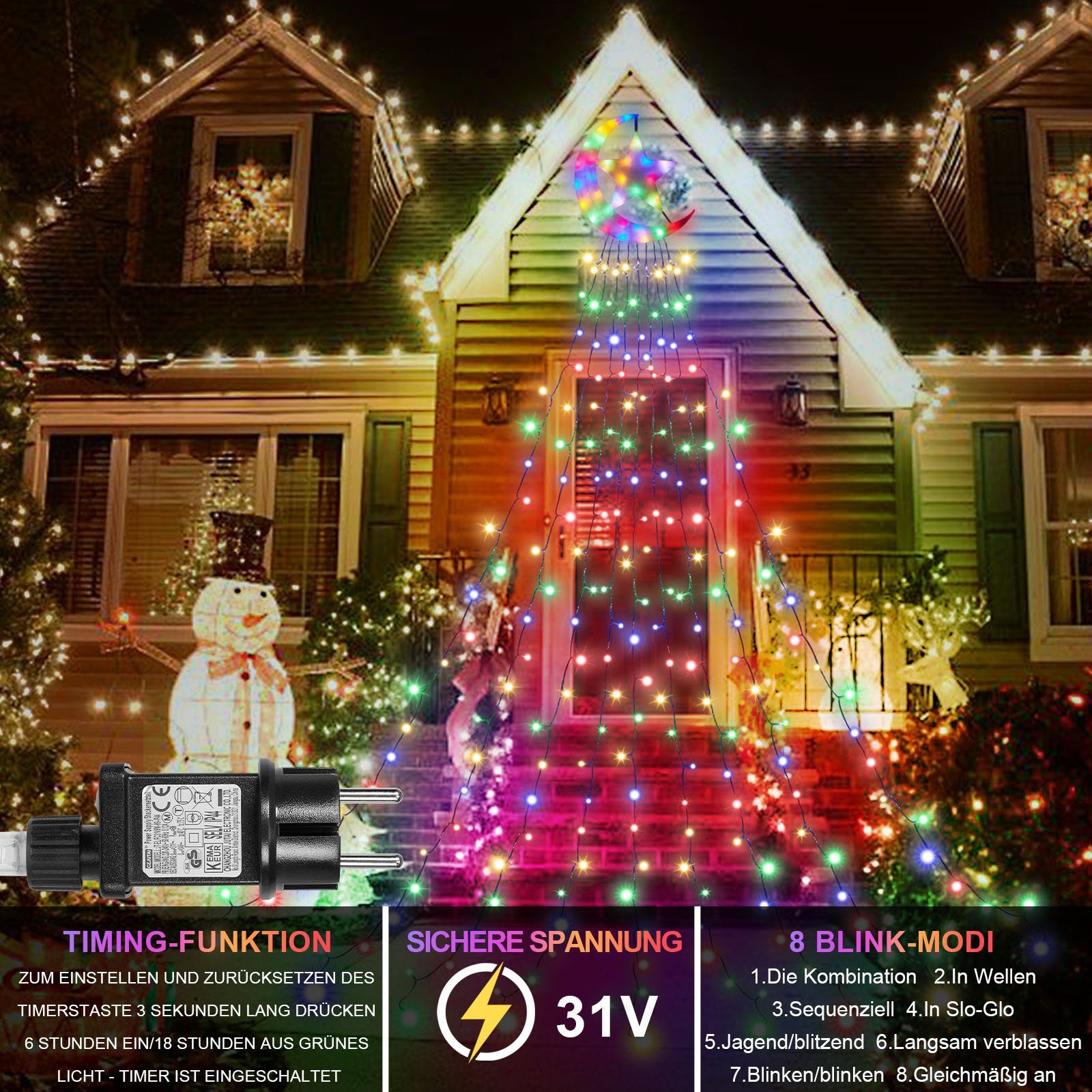 Star,350 LED-Lichterkette Lichterkette Wasserdicht mit Mehrfarbig Moon LED Christbaumbeleuchtung,8-Modi,Timer,IP44 Laybasic 350-flammig, Weihnachtsbaum Topper LEDs,