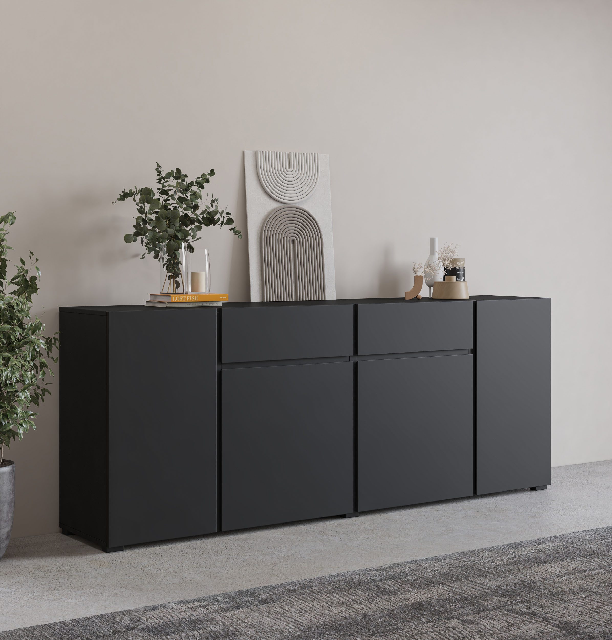 INOSIGN Sideboard Metric,Breite 195 cm, grifflose Kommode 4 Двери/2 Schubkästen, Выдвижные ящикиschrank mit viel Stauraum, Einlegeböden verstellbar