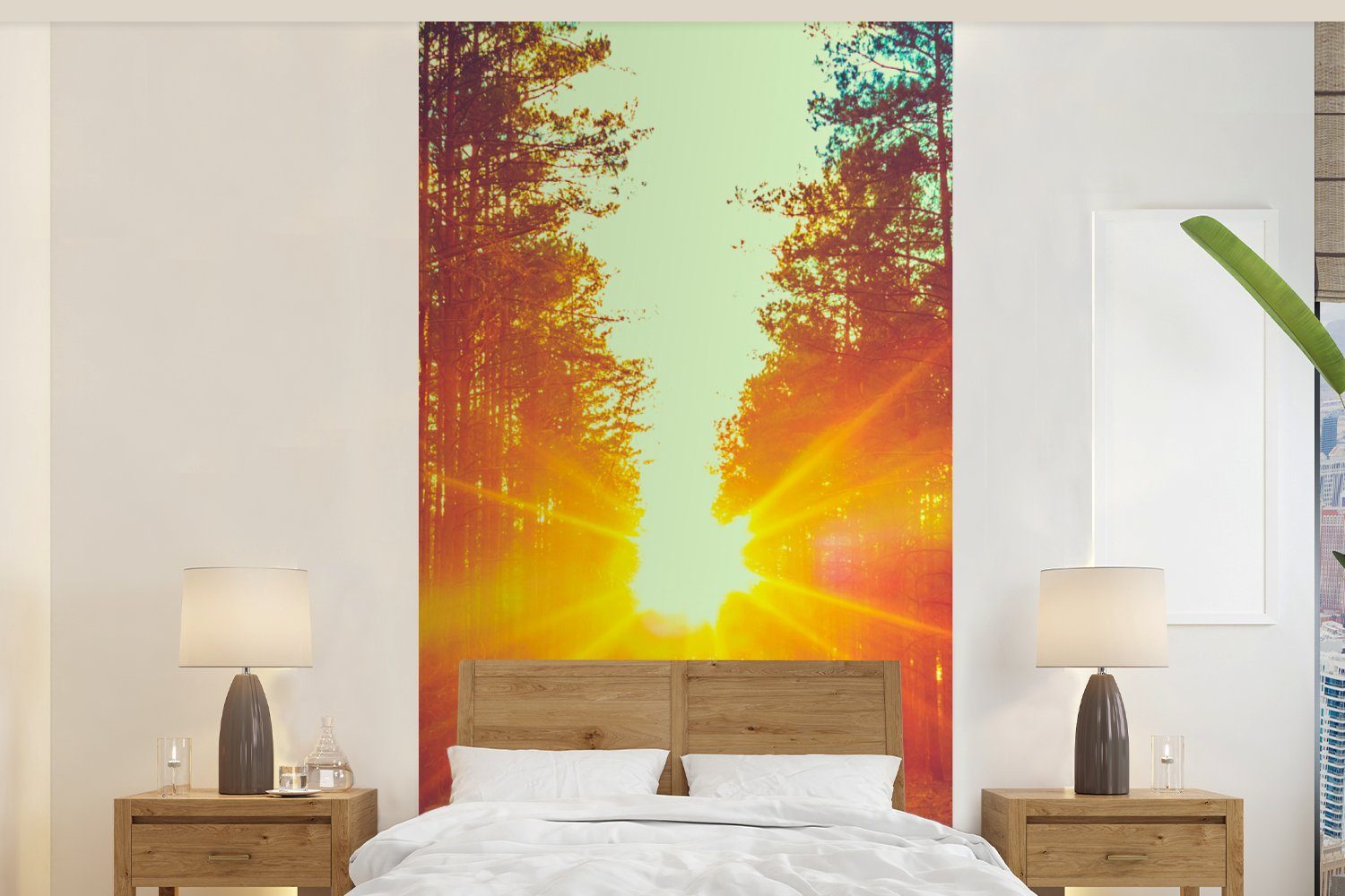 MuchoWow Fototapete Sonnenuntergang - Bäume - Wald - Natur, Matt, bedruckt, (2 St), Vliestapete für Wohnzimmer Schlafzimmer Küche, Fototapete