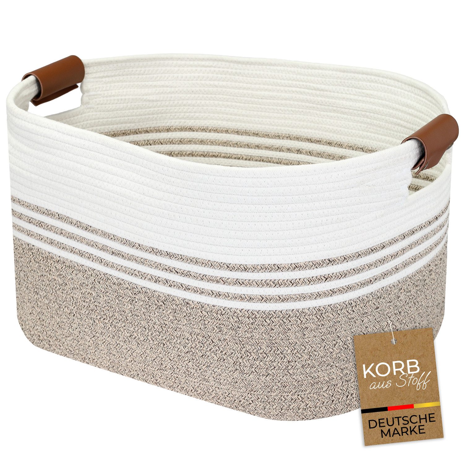 HMF Aufbewahrungskorb XXL Wäschekorb aus Baumwolle, 71 Liter, Aufbewahrungskorb mit Kunstledergriffen, 55 x 43 x 30 cm, Weiß-Braun
