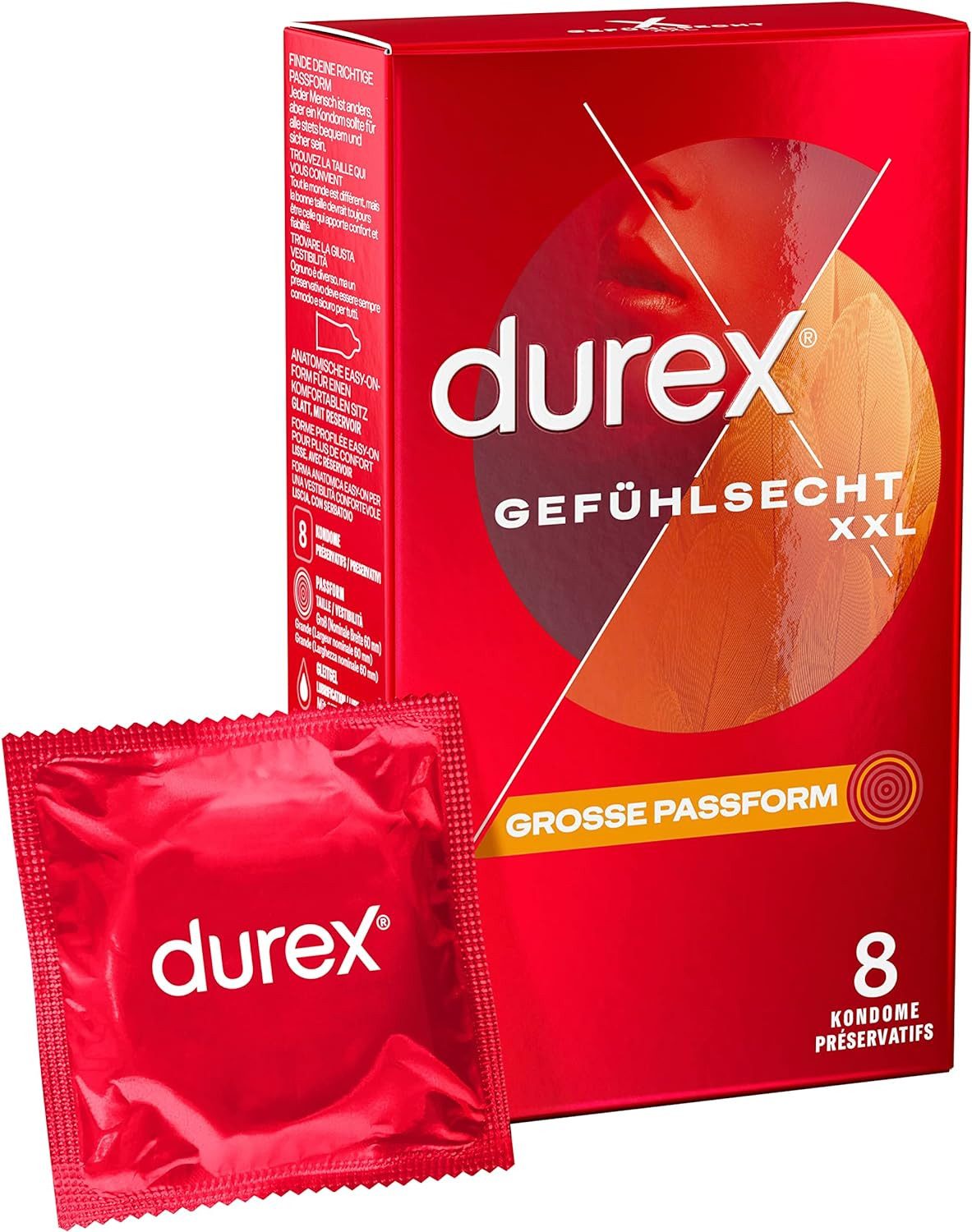 durex Kondome Gefühlsecht XXL - mit großer Passform & mit Silikongleitgel befeuchtet, 8 St.