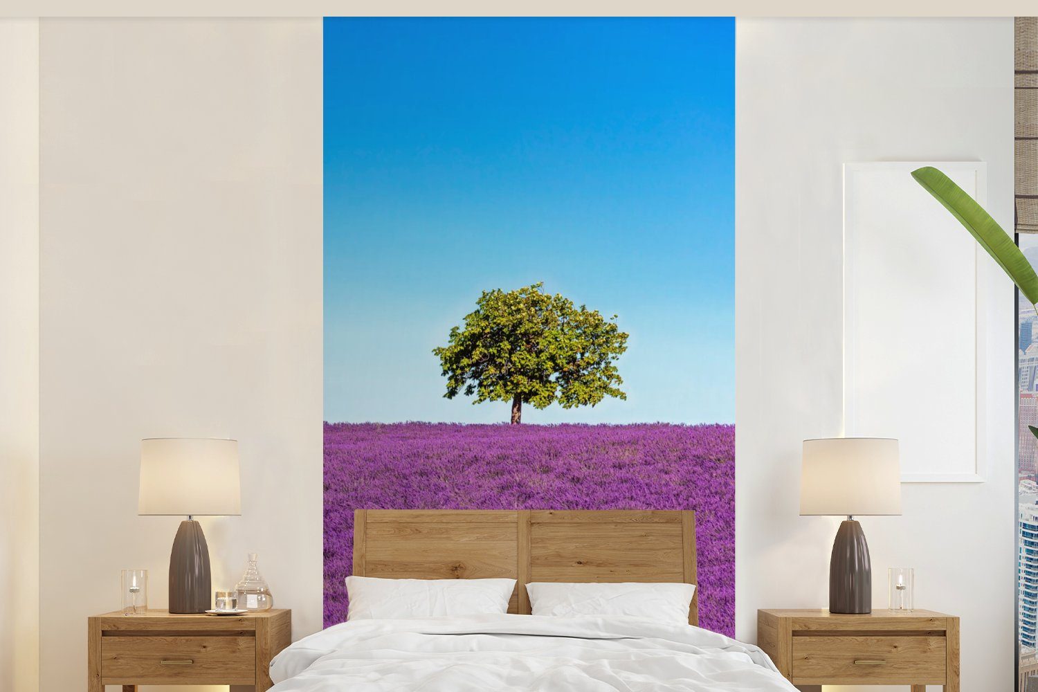 MuchoWow Fototapete Baum - Lila - Himmel - Lavendel, Matt, bedruckt, (2 St), Vliestapete für Wohnzimmer Schlafzimmer Küche, Fototapete