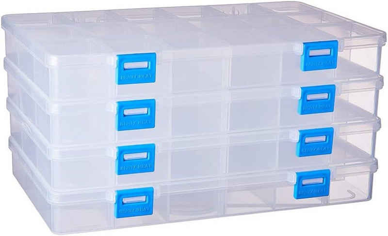 Benecreat Aufbewahrungsbox 4er-Pack Aufbewahrungsboxen für Schmuck mit 18 Fächern (Aufbewahrungsboxen Set, 4 St., 4 Stück, 18 Gitter, klare Sicht, sicherer Verschluss), Verstellbare Trennwände, sicherer Verschluss, hochwertige Materialien