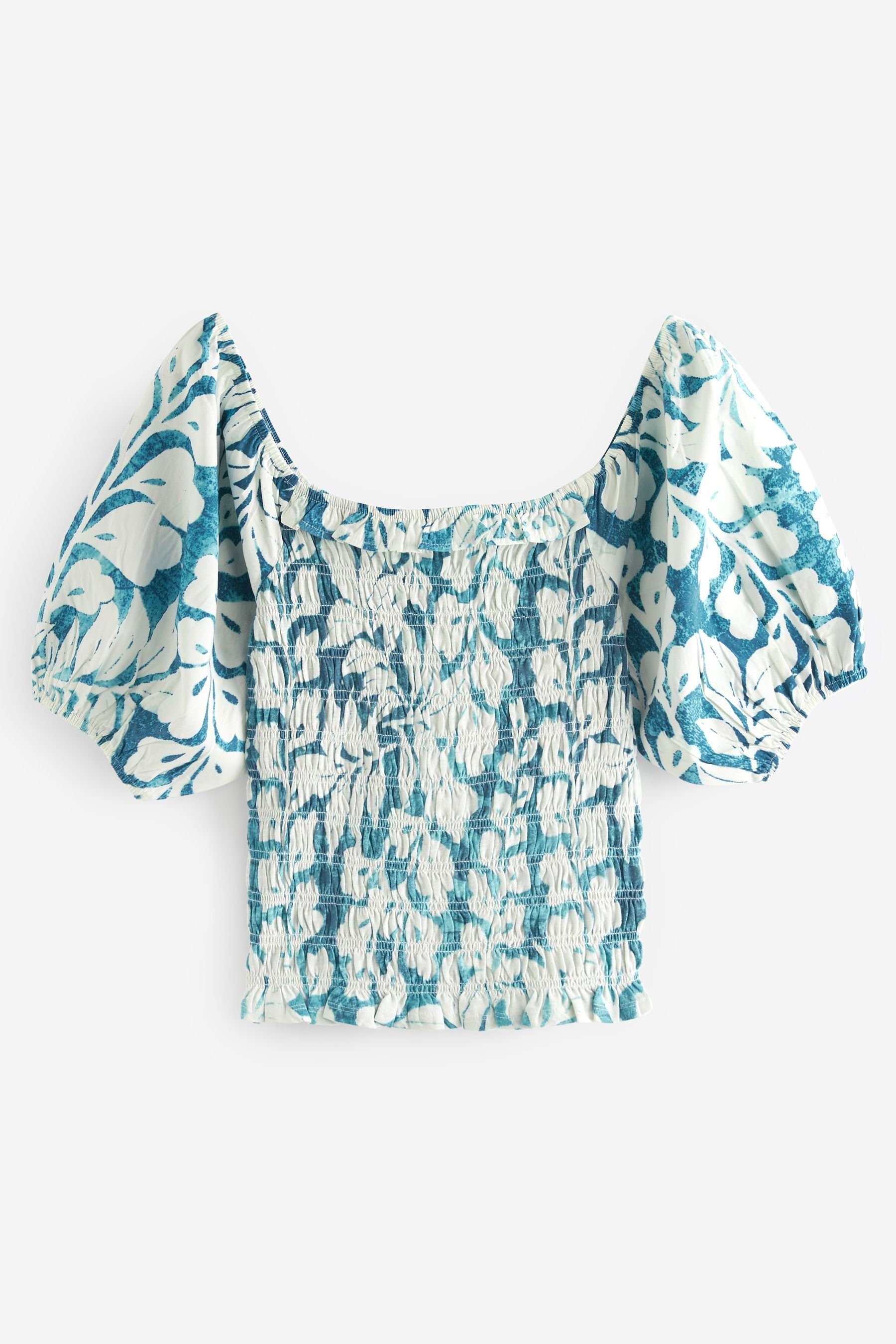 Next Carmenshirt Oberteil mit eckigem Ausschnitt und Puffärmeln (1-tlg) Teal Blue Leaf Print