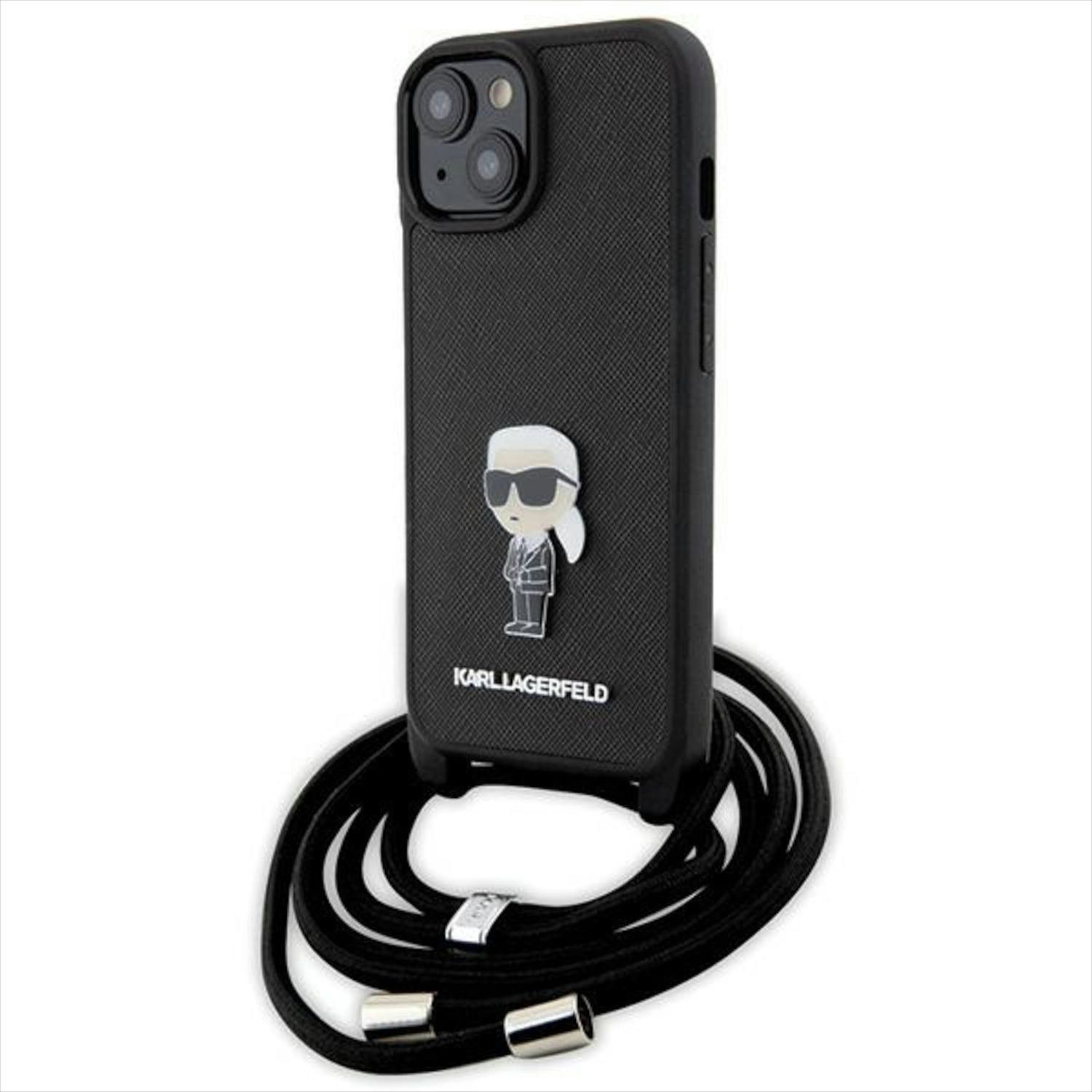 KARL LAGERFELD Smartphone-Hülle Karl Lagerfeld Apple iPhone 15 Saffiano Metal Pin Karl & Choupette