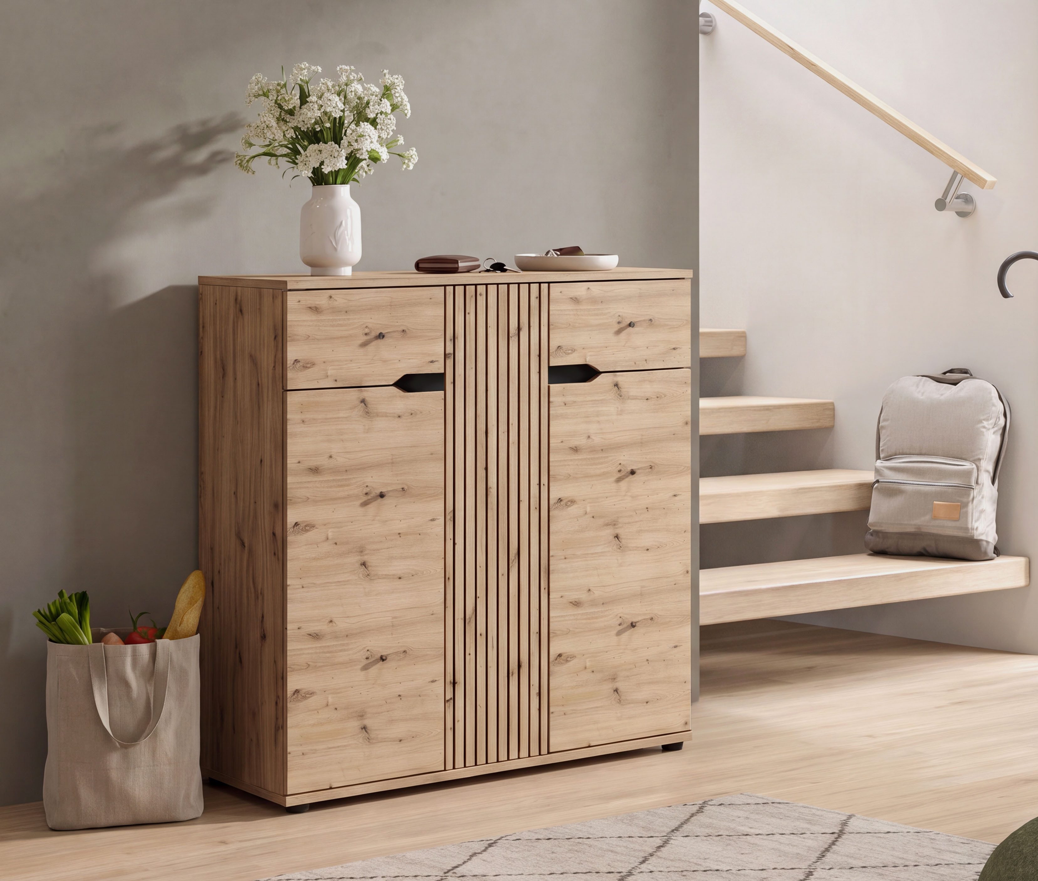 OTTO home Schuhkommode FJELL, Breite 104cm, 3 Türen, 2 Schubkästen, 6 Einlegeböden, 9 Fächer (hochwertig verarbeitete Längsfräsung, praktische Griffaussparung), Garderobenschrank, Schuhschrank, Kommode, Sideboard, Anrichte