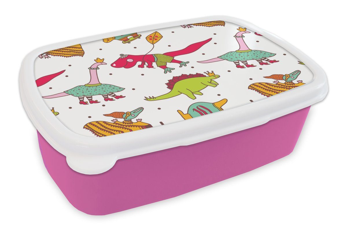 MuchoWow Lunchbox Muster - Dino - Farben - Jungen - Kinder - Kind, Kunststoff, (2-tlg), Brotbox für Erwachsene, Brotdose Kinder, Snackbox, Mädchen, Kunststoff rosa