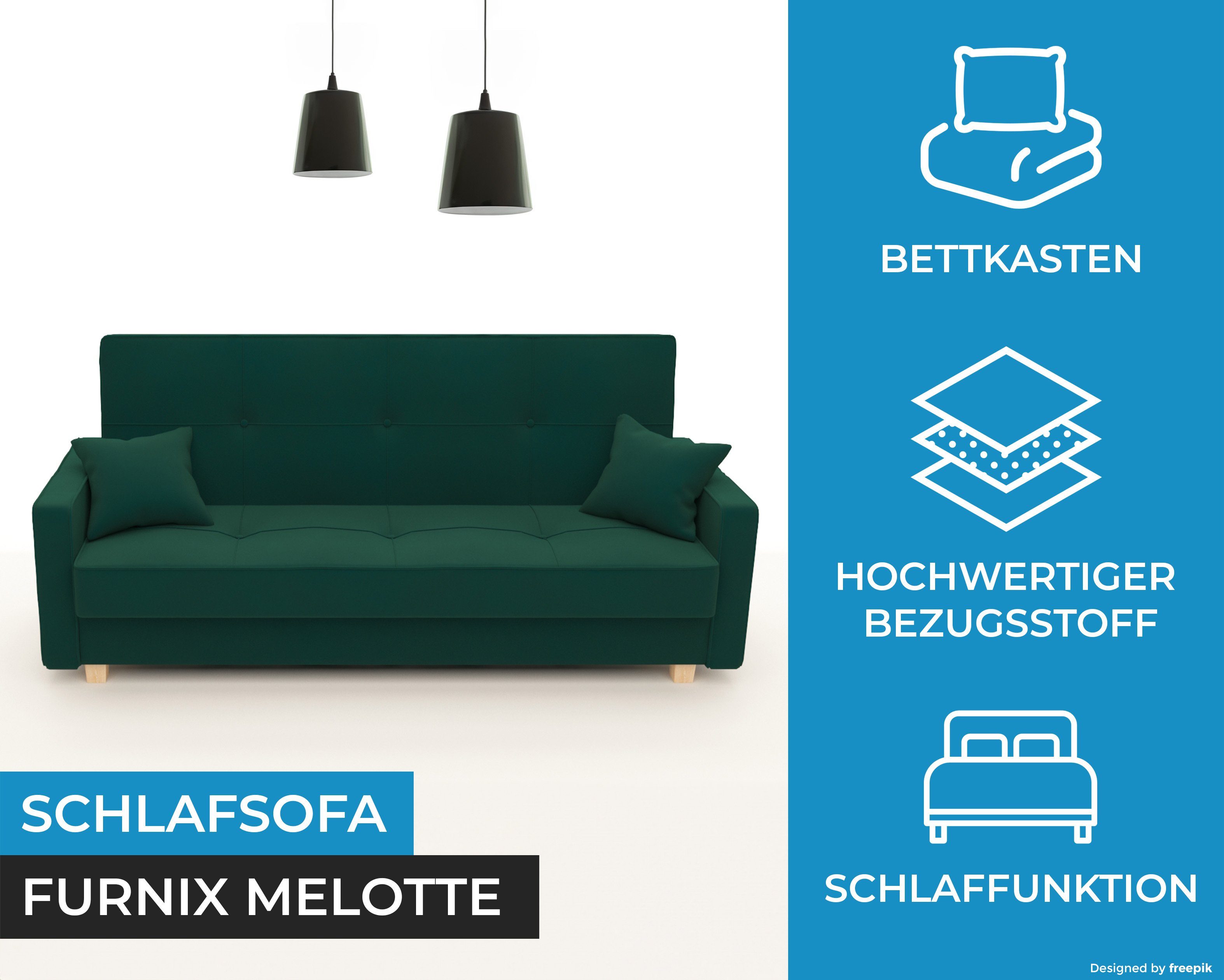 Furnix Schlafsofa MELOTTE Klick-Klick-Mechanik, mit B216 Polstercouch cm, EU x in x Grün & T95 Schlaffunktion H95 Bettkasten, KR19 Made