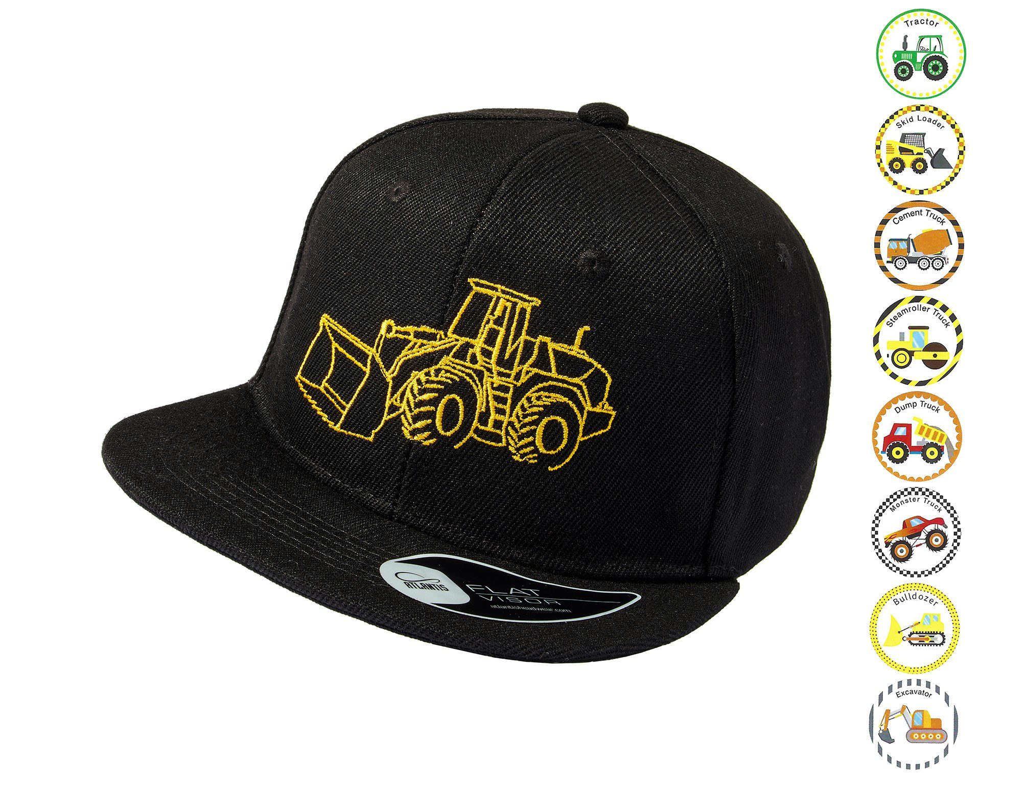 Baddery Snapback Cap Kinder "Radlader" (inkl. 8 Baufahrzeuge Sticker) f. Jungs & Mädchen, Stick, One Size Einheitsgröße, Snapback-Verschluss