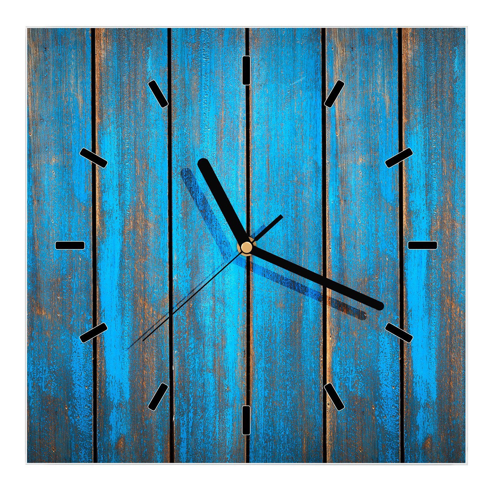 Primedeco Wanduhr Glasuhr Wanduhr Wandkunst Größe 30 x 30 cm mit Motiv Blaue Holzstruktur