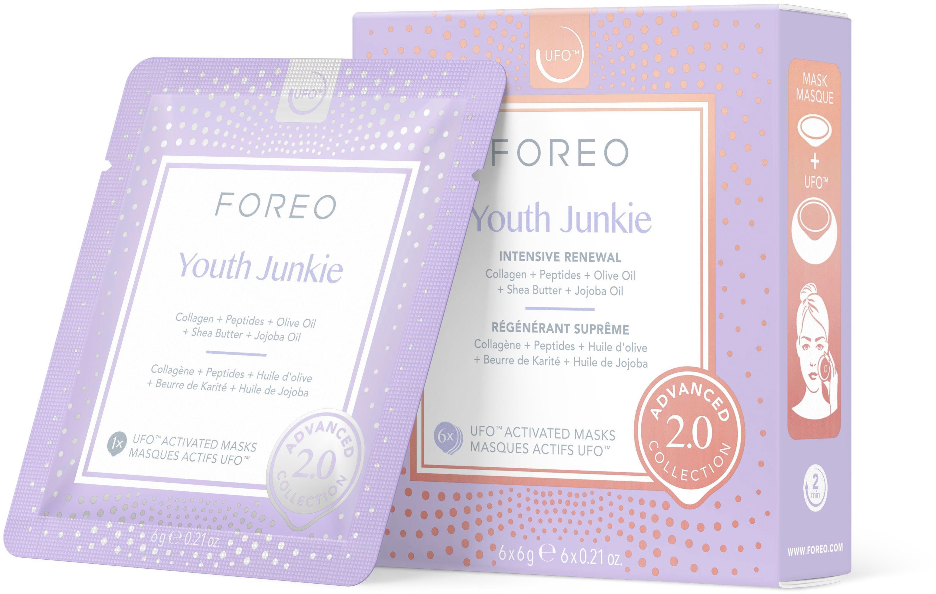 Junkie & Gesichtsmaske UFO™ FOREO Mask 2.0 UFO™ 6-tlg., UFO™ Youth Packung, mit komptibel mini