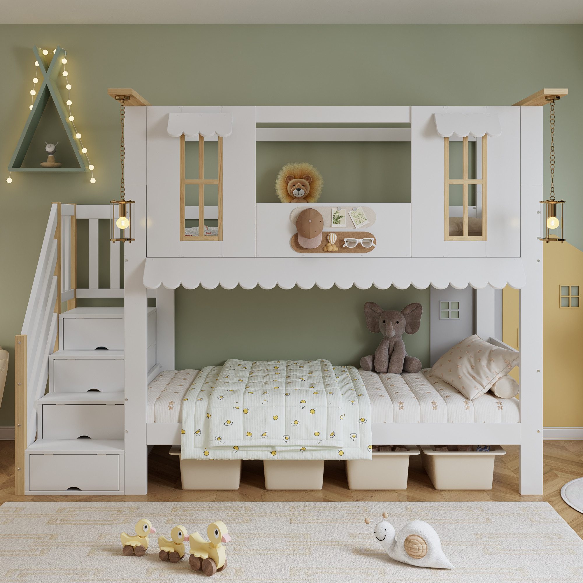 Flieks Etagenbett, Kinderbett Hausbett 90x200cm mit Rausfallschutz Stauraum günstig online kaufen