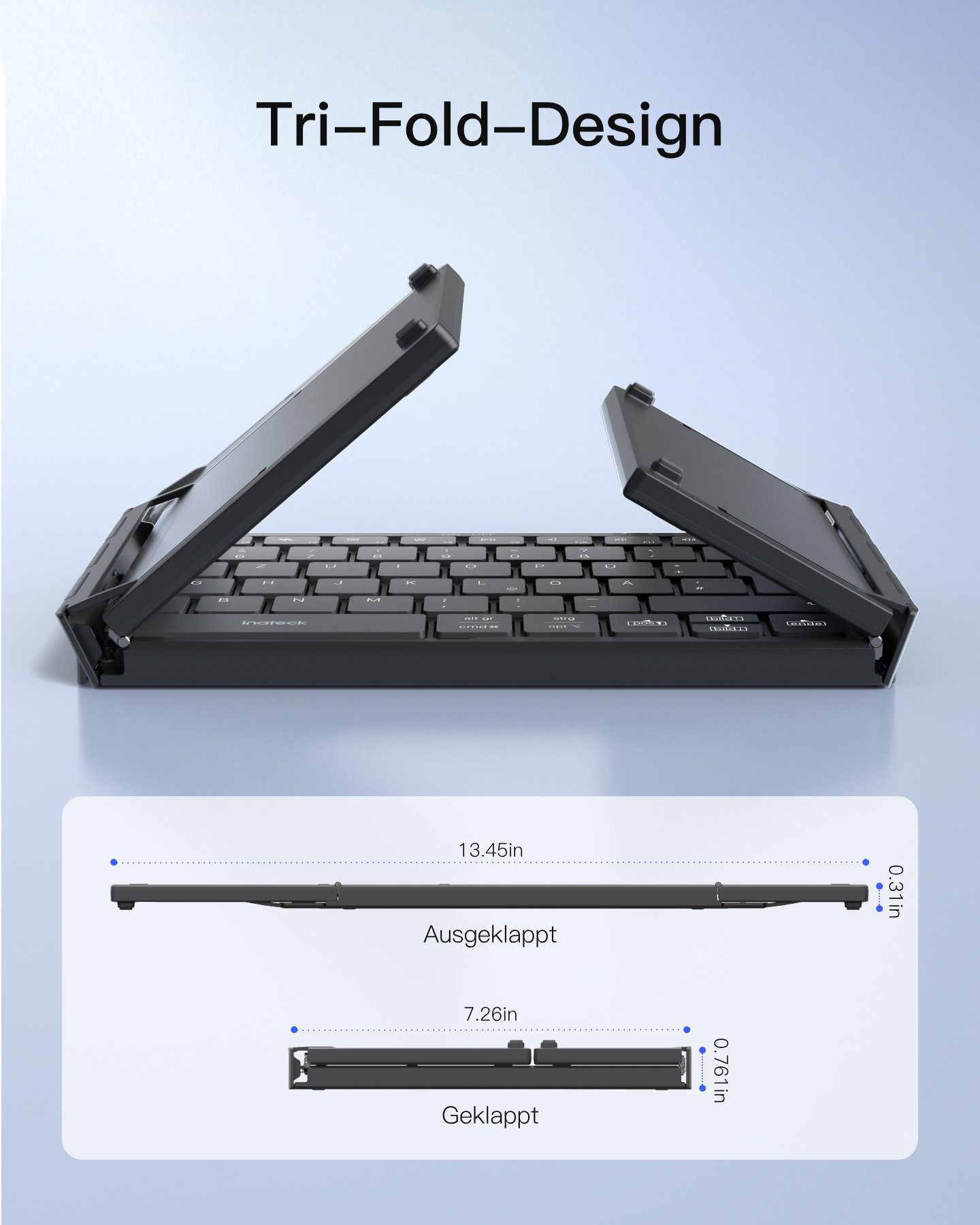 Inateck Faltbare Mini Tastatur, AI-Funktion mit Touchpad,3 Bluetooth-Kanälen Wireless-Tastatur (kompatibel mit iPadOS Android, Windows)
