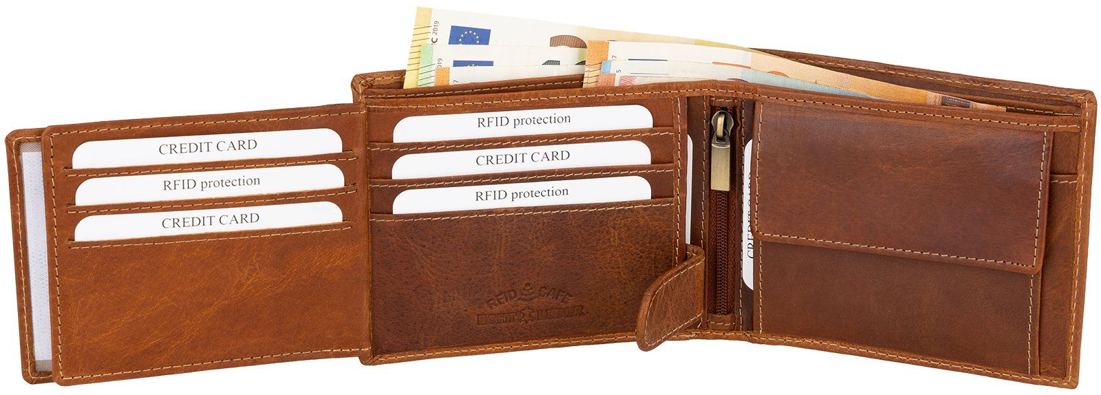 echt RFID Geldbörse Jennifer Querformat, Geldbörse Portemonnaie Geldbeutel Schutz Herren Leder Jones RFID