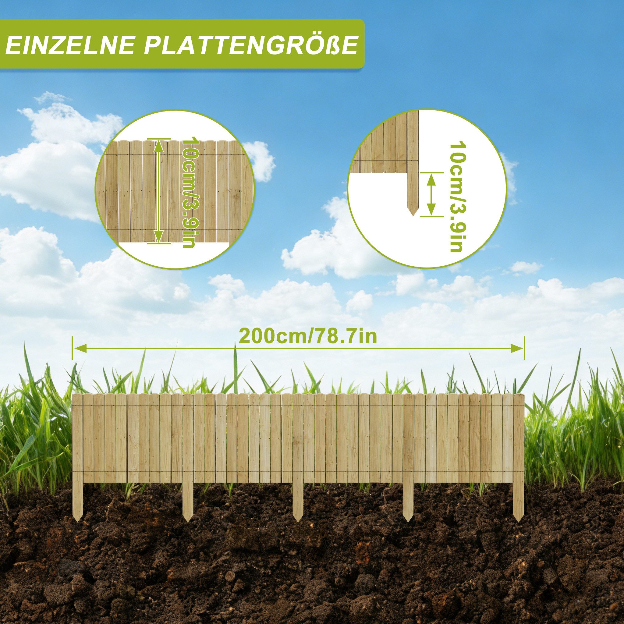 FIVMEN Holzzaun Flexibler Rasenkanten Beeteinfassung Beetumrandung in Holz Gartenzaun, (10/20/30/40 cm Hoch), Rollboarder Rasenbleche 200 cm Länge Anthrazit/Holzfarbe