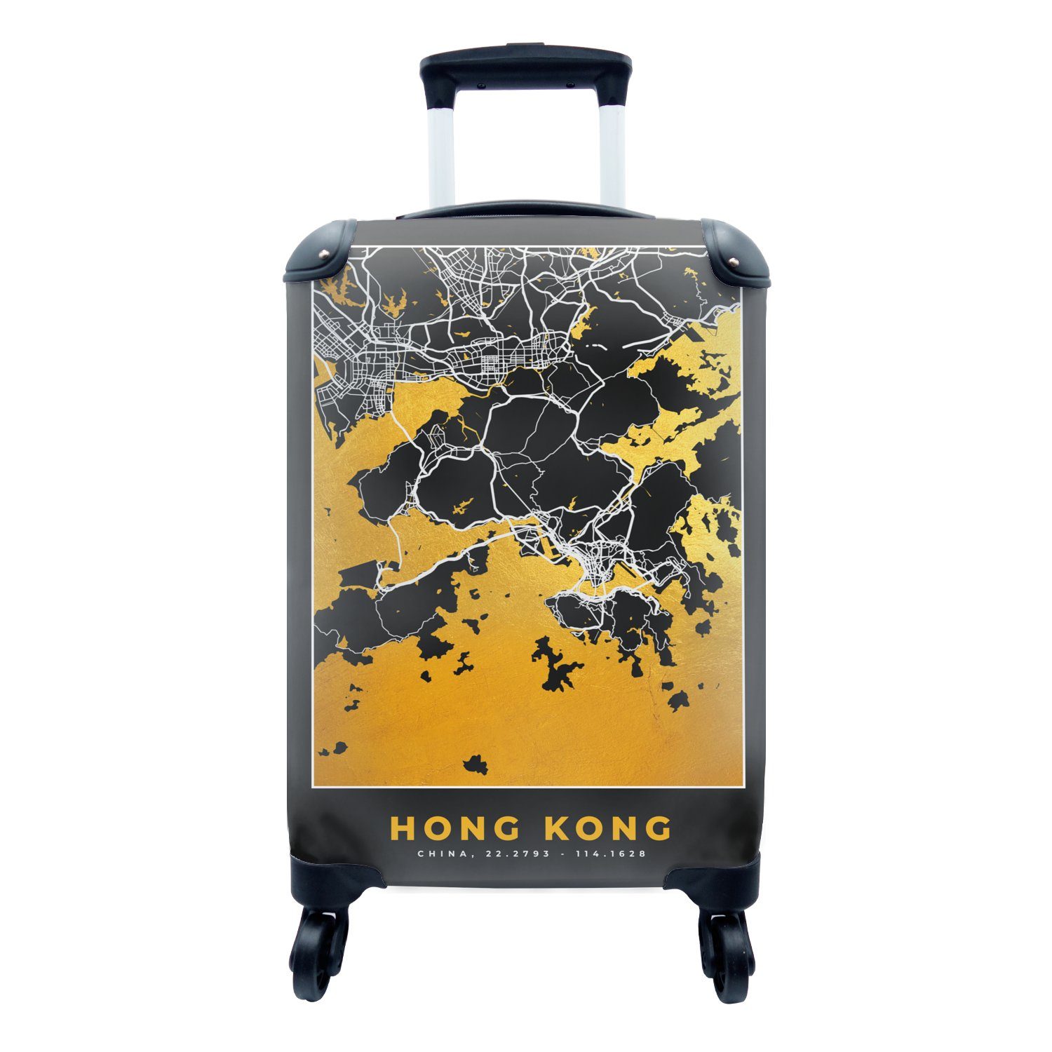 Ferien, Stadtplan Trolley, MuchoWow - Handgepäck - Gold Karte, Reisekoffer mit für rollen, - 4 Hongkong Rollen, Reisetasche Handgepäckkoffer