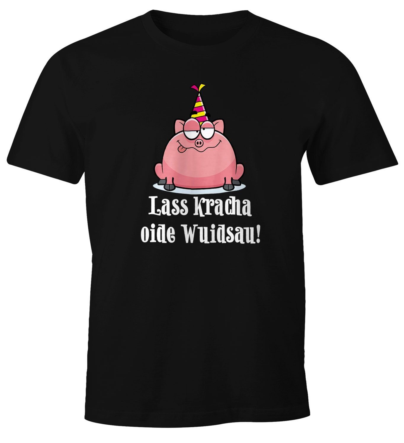 MoonWorks Print-Shirt Herren T-Shirt Geburtstag Schwein Spruch Lass kracha oide Wuidsau Fun-Shirt Geschenk Moonworks® mit Print schwarz | T-Shirts