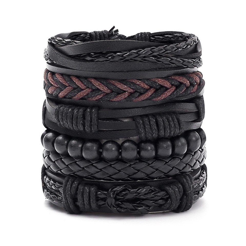 Zaewry Armband 4/6-teiliges Punk-Armband-Set für Herren, Schwarzes Lederarmband, Gothic geflochtener Armreif