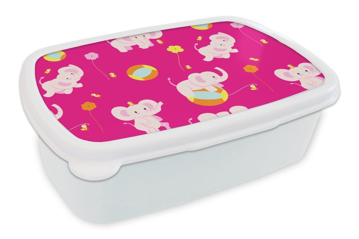 MuchoWow Lunchbox Elefant - Blumen - Muster, Kunststoff, (2-tlg), Brotbox für Kinder und Erwachsene, Brotdose, für Jungs und Mädchen weiß