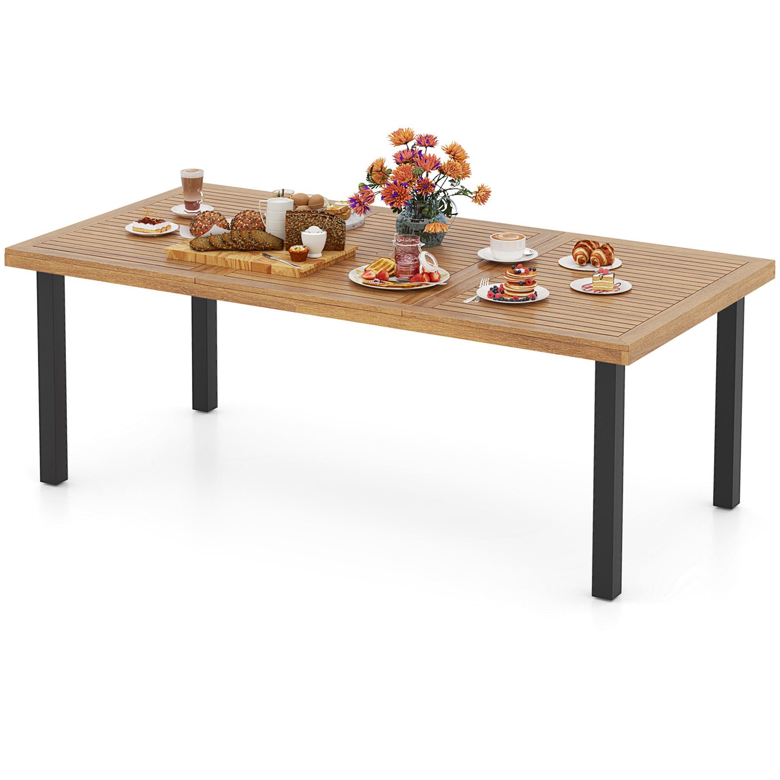 COSTWAY Gartentisch mit 5cm Schirmloch, rechteckig 200cm, Akazie, Esstisch für 8 Personen