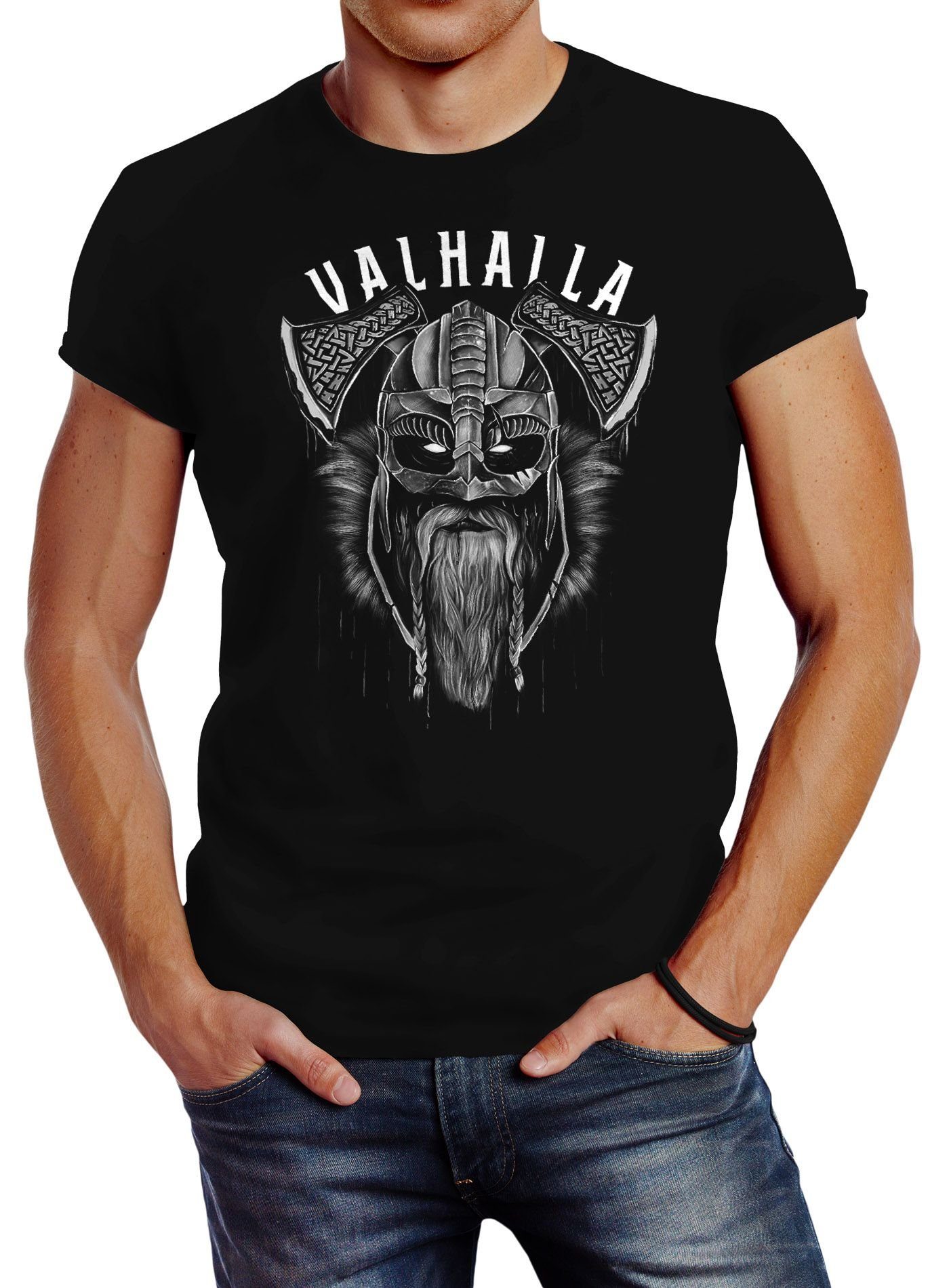 Neverless Print-Shirt Neverless® Herren T-Shirt Aufdruck Valhalla Wikinger Helm Viking Odin mit Print