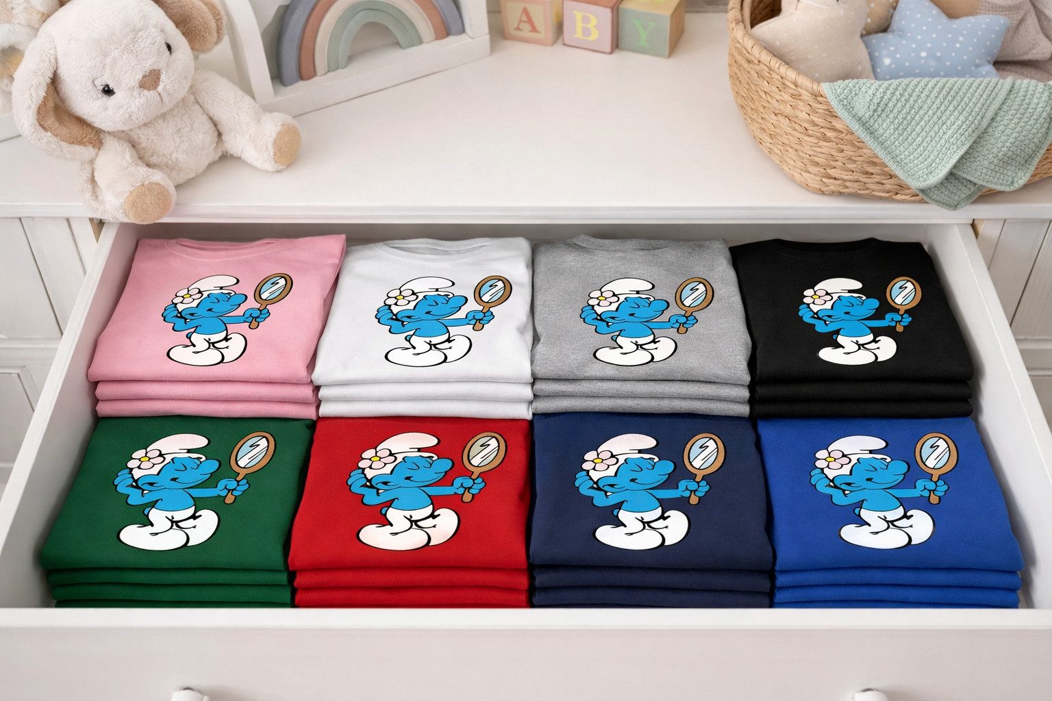 Blondie & Brownie T-Shirt Damen T-Shirt Schlumpf Spiegel Motiv Baumwolle Cartoon Print Shirt (Einzelartikel, 1 Stück) Herren T-Shirt Schlumpf Spiegel Motiv Cartoon Shirt Baumwolle Print