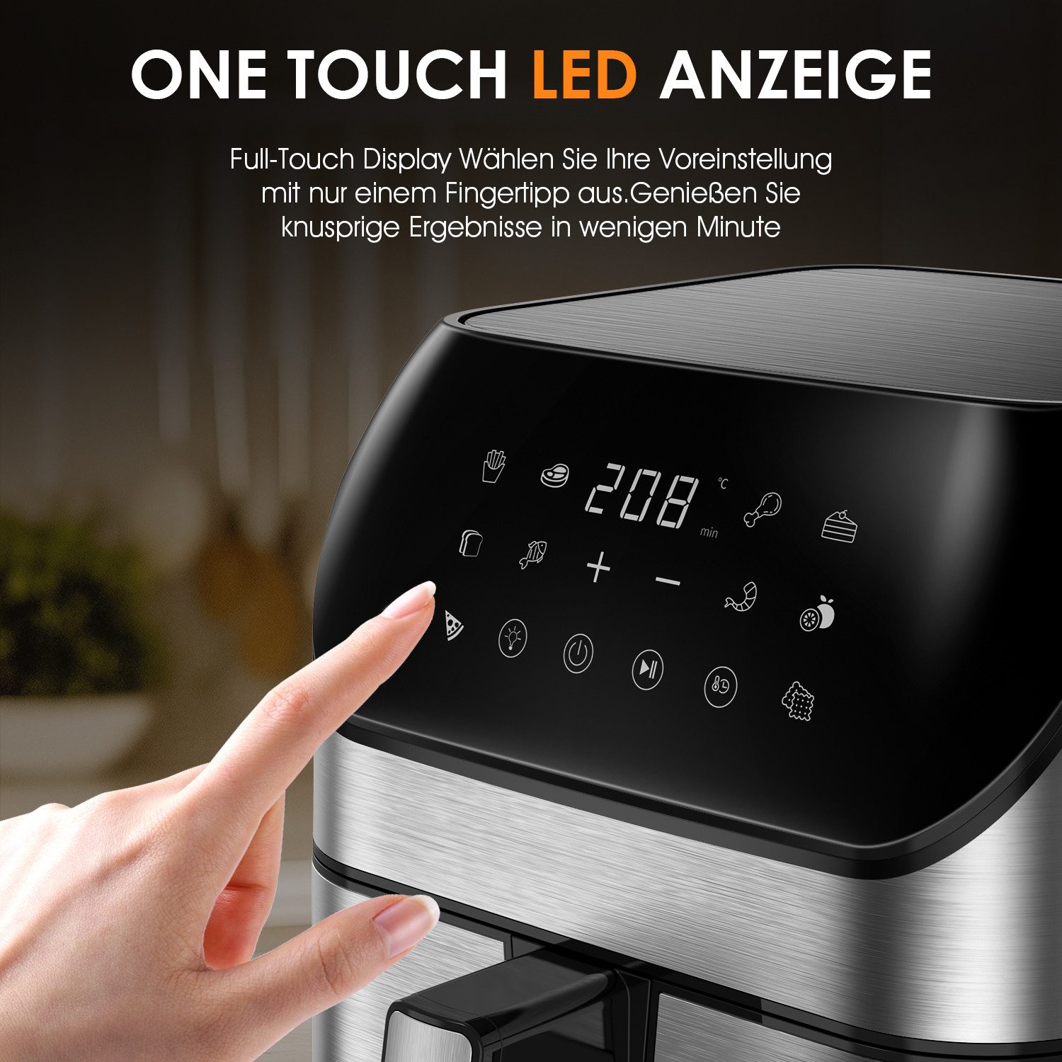 oyajia Heißluftfritteuse 10L Heißluftfritteuse aus Edelstahl, 2 Heizelementen, 12 Automatikprogramme, Sichtfenster, Touch Bedienfeld, LED Anzeige, 1800 W, Tempe – Bild 5 von 5