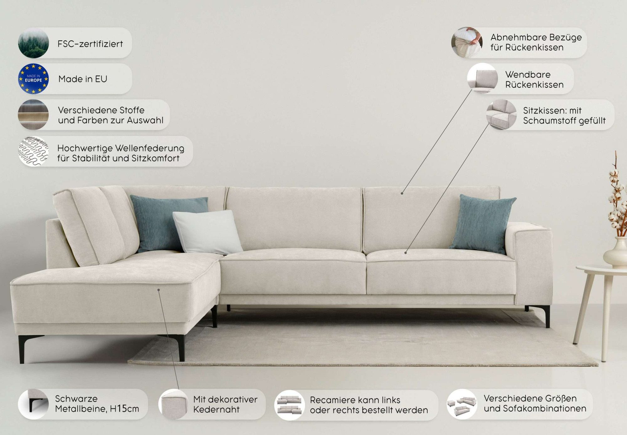 OTTO home Ecksofa OLAND L-Form, B: 289 cm, Skandi-Design, Struktur, Flachgewebe, Luxus-Microfaser, Boucle