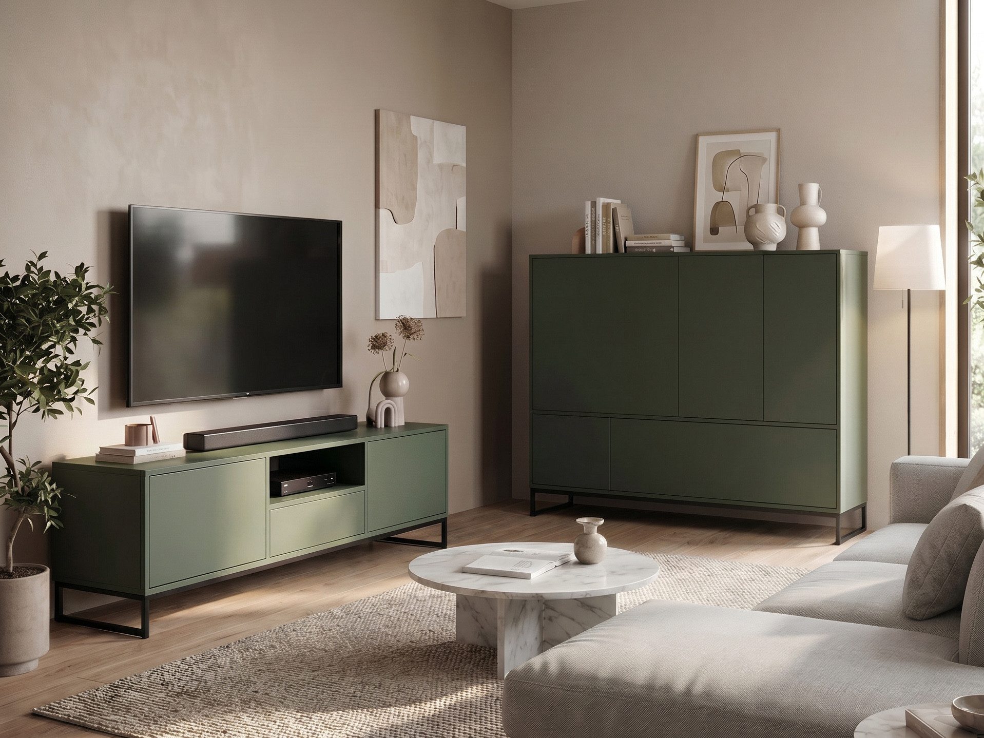 Beautysofa Wohnzimmer-Set GIANA Wohnwand mit Push-to-Open, (Lowboard und Sideboard, grifflos, 2-teilig – TV-Schrank 160 cm + Kommode 160 cm), Wohnwände in Sandbeige oder Flaschengrün