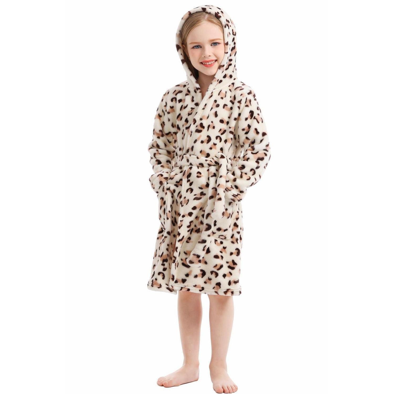 LuxusKollektion Hausanzug Bademantel Koralle Fleece Kapuze Braun Leopard 1-2J