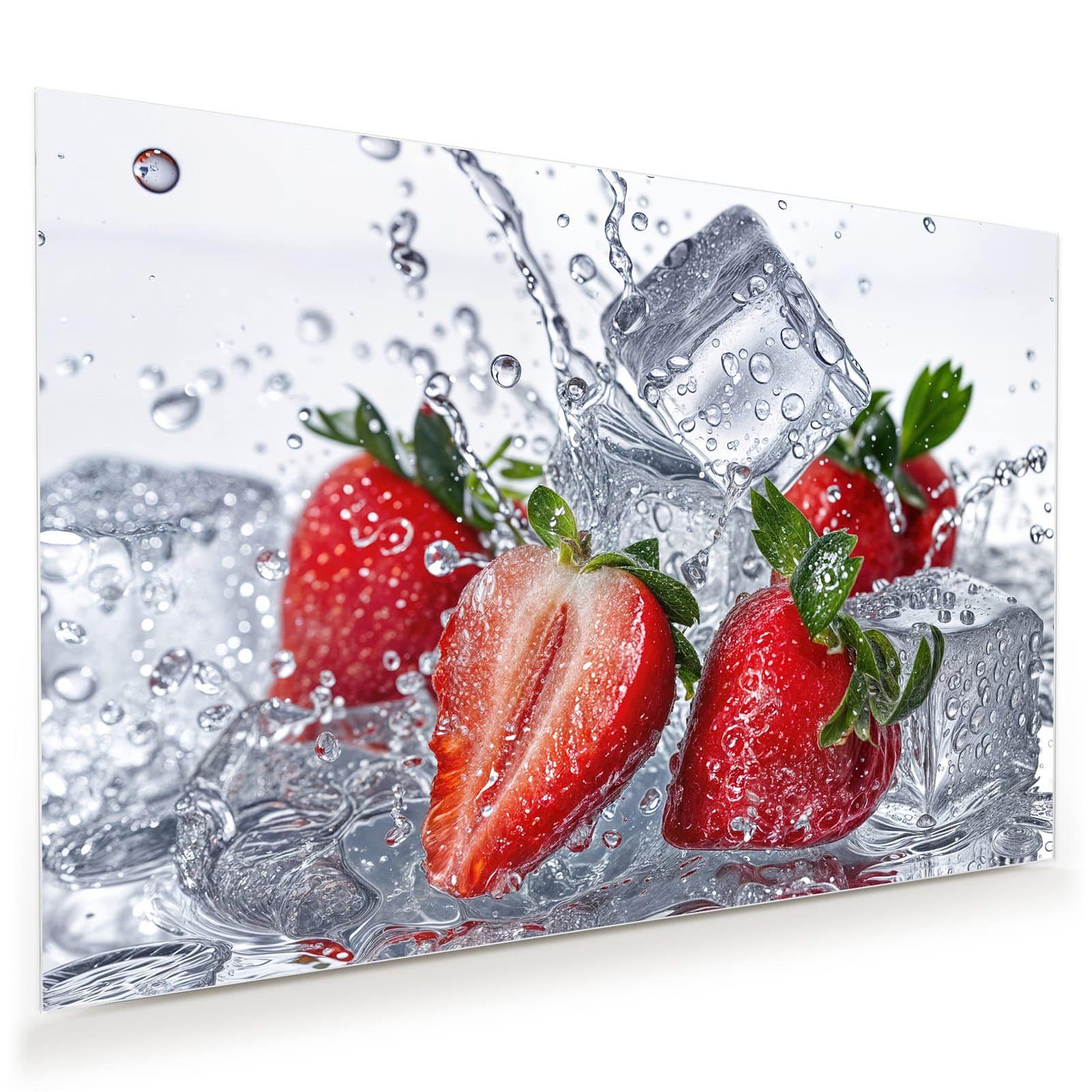 Primedeco Glasbild Wandbild Erdbeeren im Wasser mit Aufhängung, Essen (21 verschiedene Größen, 1 St), Elegante Aufhängung
