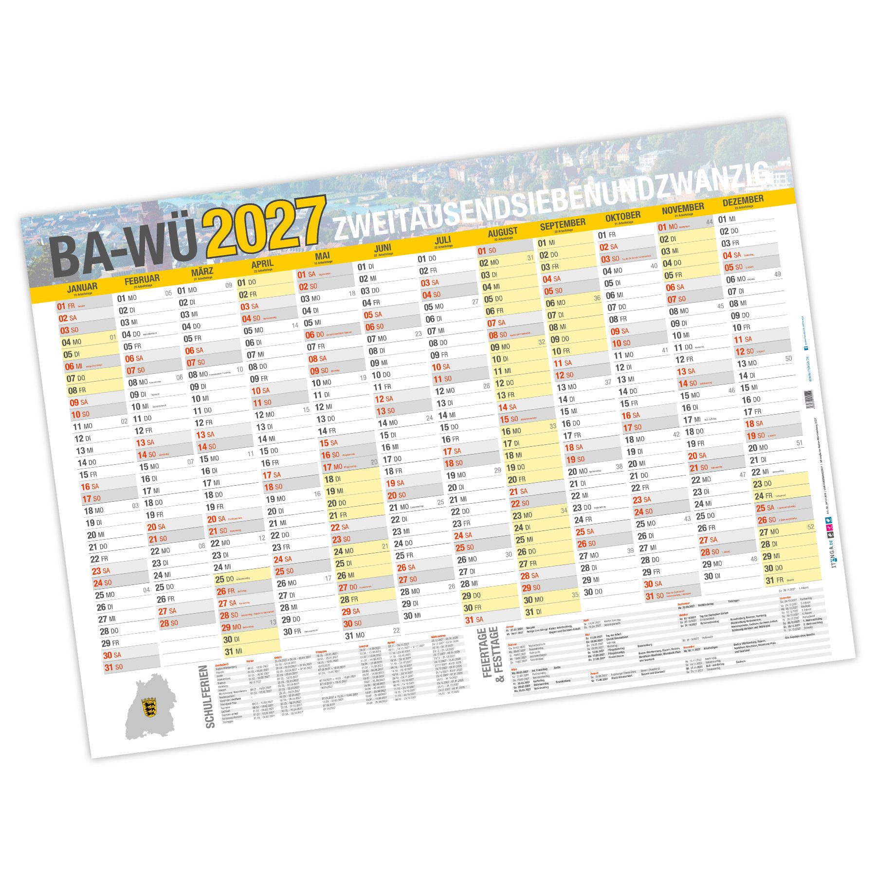 Wandkalender ITENGA Jahresplaner Ba-Wü 2027 Wandkalender DIN A0 (118,9 x 84,1 cm)