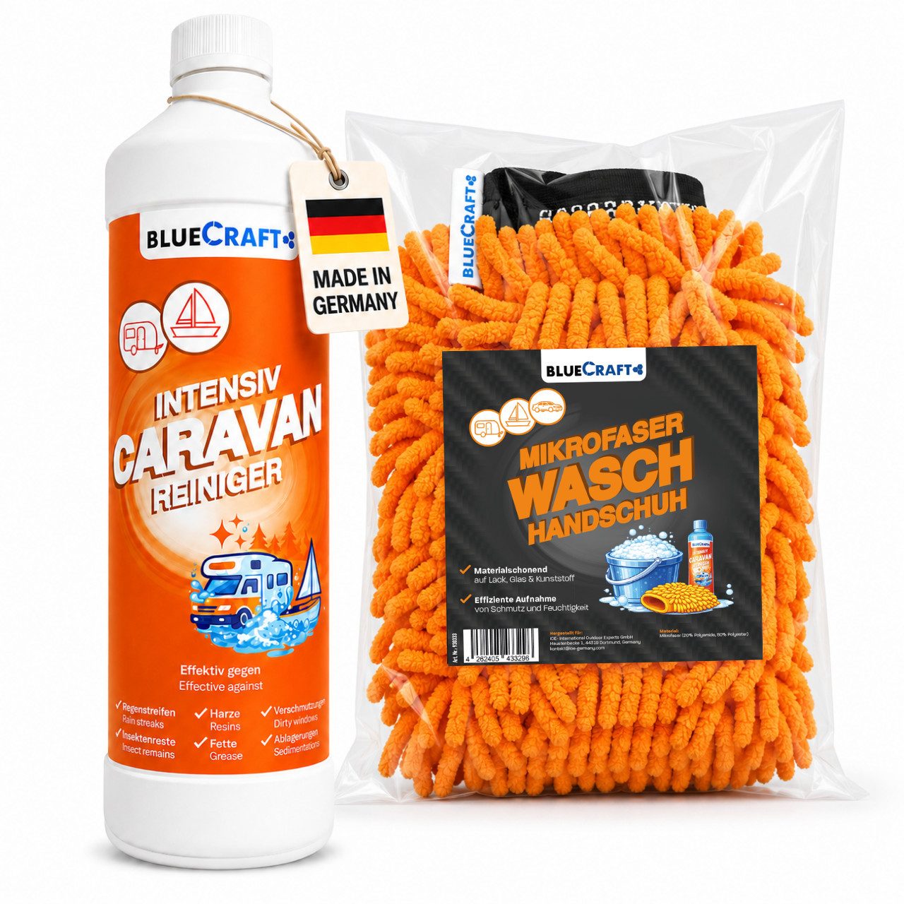 BlueCraft Caravan Reiniger 1L + Waschhandschuh Mikrofaser Wohnmobil & Wohnwagen Auto-Reinigungsmittel (1x 1 L Caravanreiniger + Waschhandschuh hoch effektiv gegen Regenstreifen & Schmutz - für Acryl- & Plexiglas)