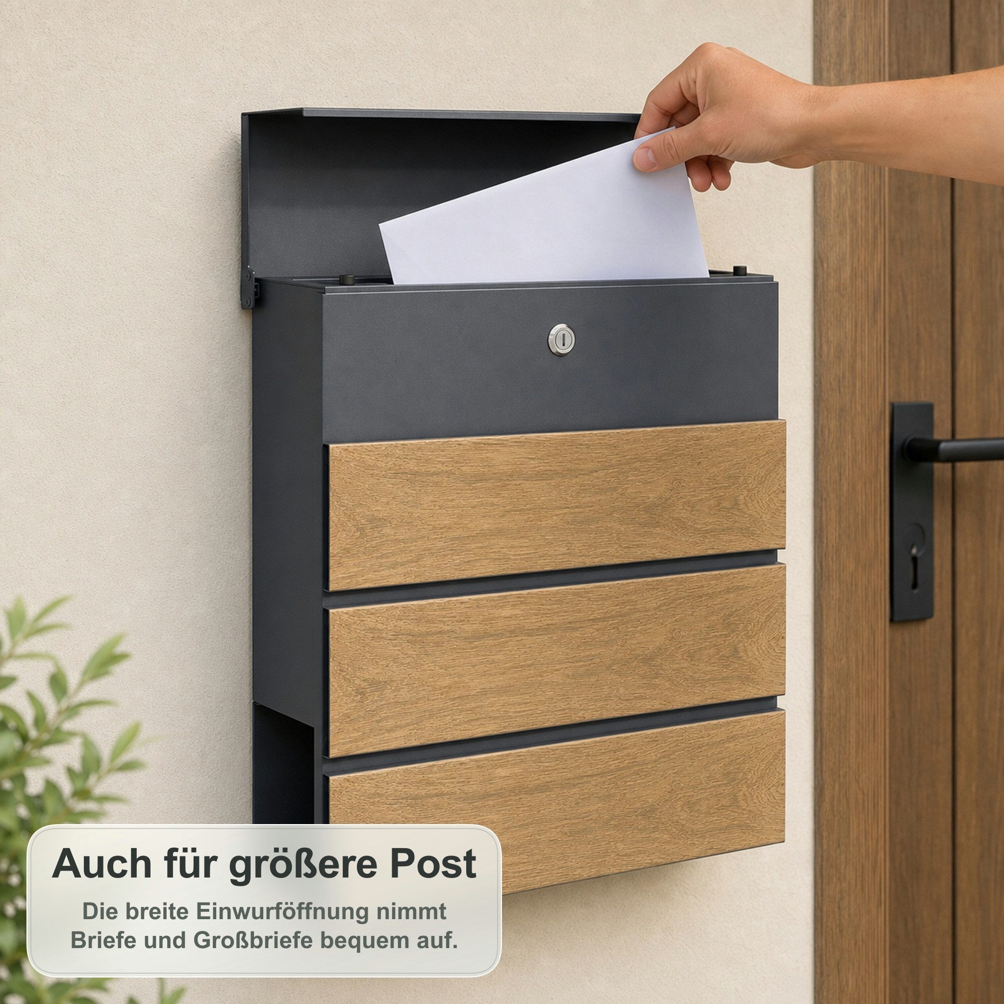 Kubus Briefkasten Rayan aus verzinktem Stahl mit Zeitungsfach & Holzoptik, 2 Schlüssel inklusive, Abgedecktes Zylinderschloss – Bild 3 von 5