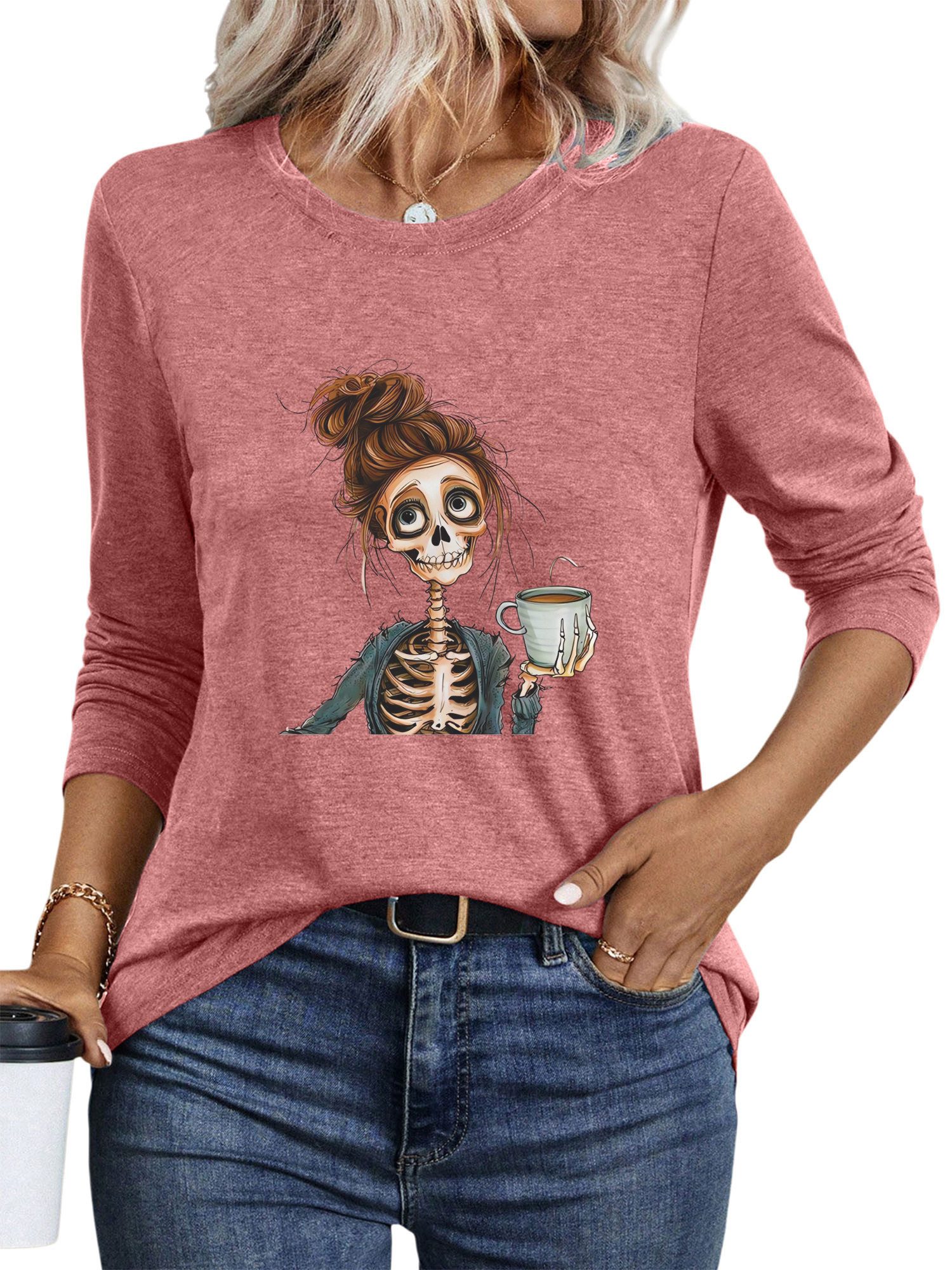 PYLIKE Longsleeve Damen Rundhalsausschnitt Longsleeve mit Schädel Print-Shi günstig online kaufen