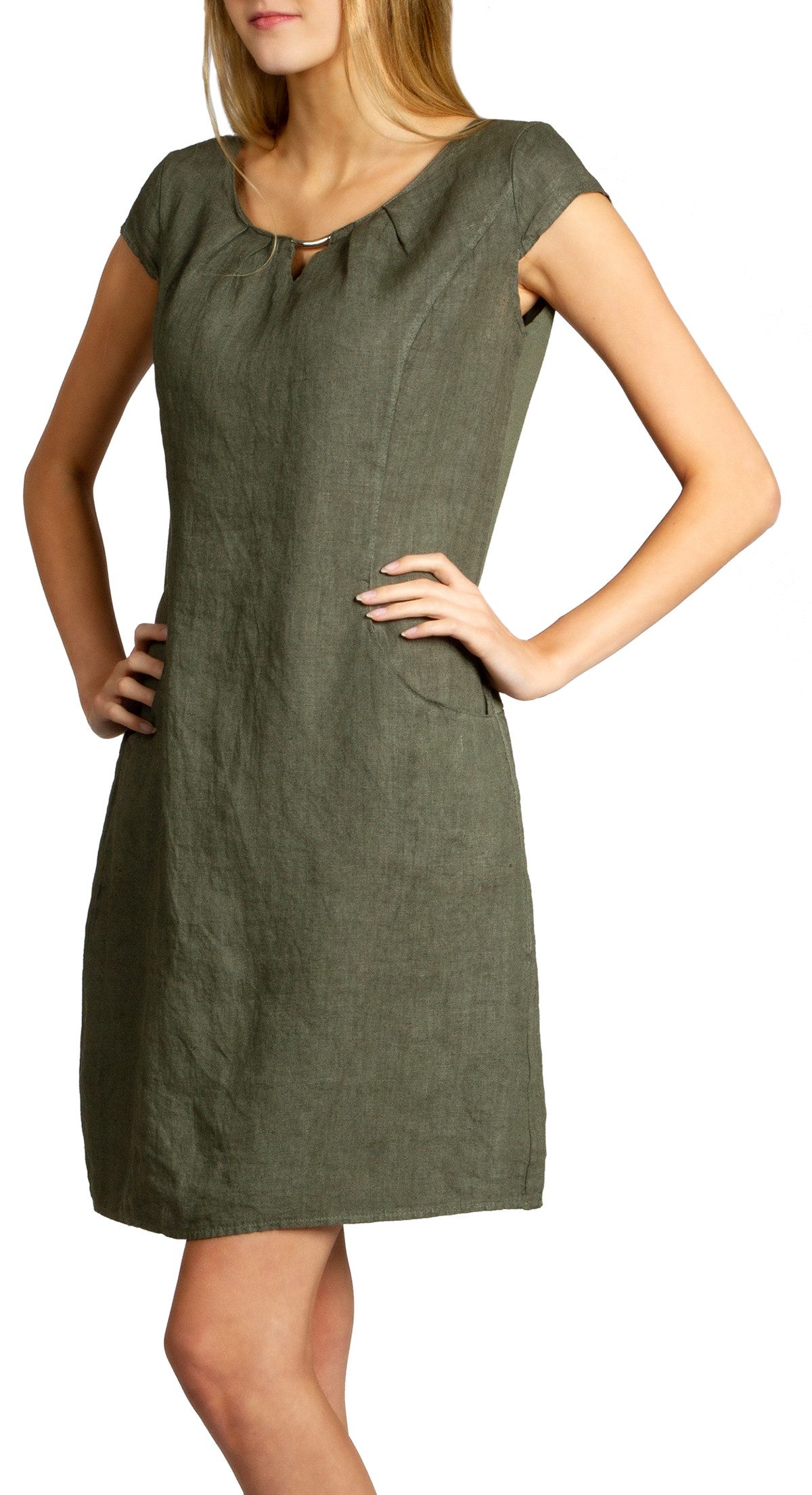 Caspar Sommerkleid SKL020 knielanges Damen Sommer Leinenkleid mit eleganter Metallspange Luftig leicht, figurumspielende Form, mit seitlichem Jersey-Einsatz