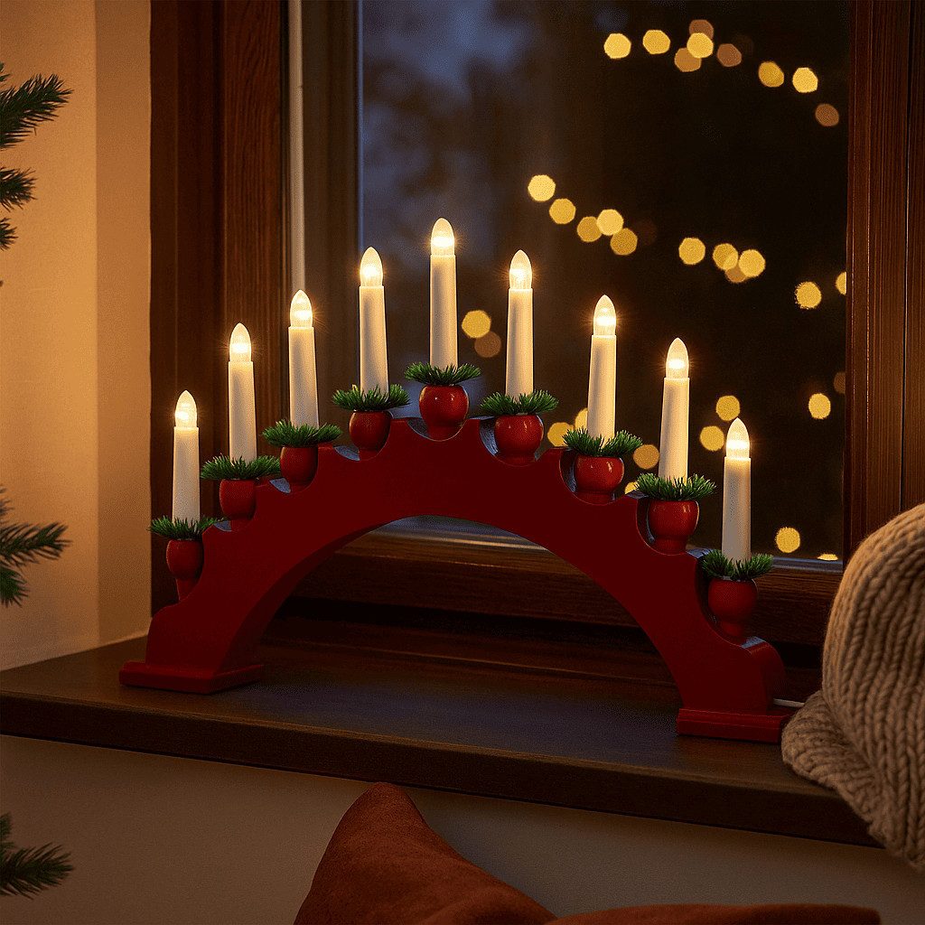 HTI-Living Moderner Schwibbogen LED Holz Grau Mit Weihnachtsmotiv Und 7 LED Kerzen Kaufen