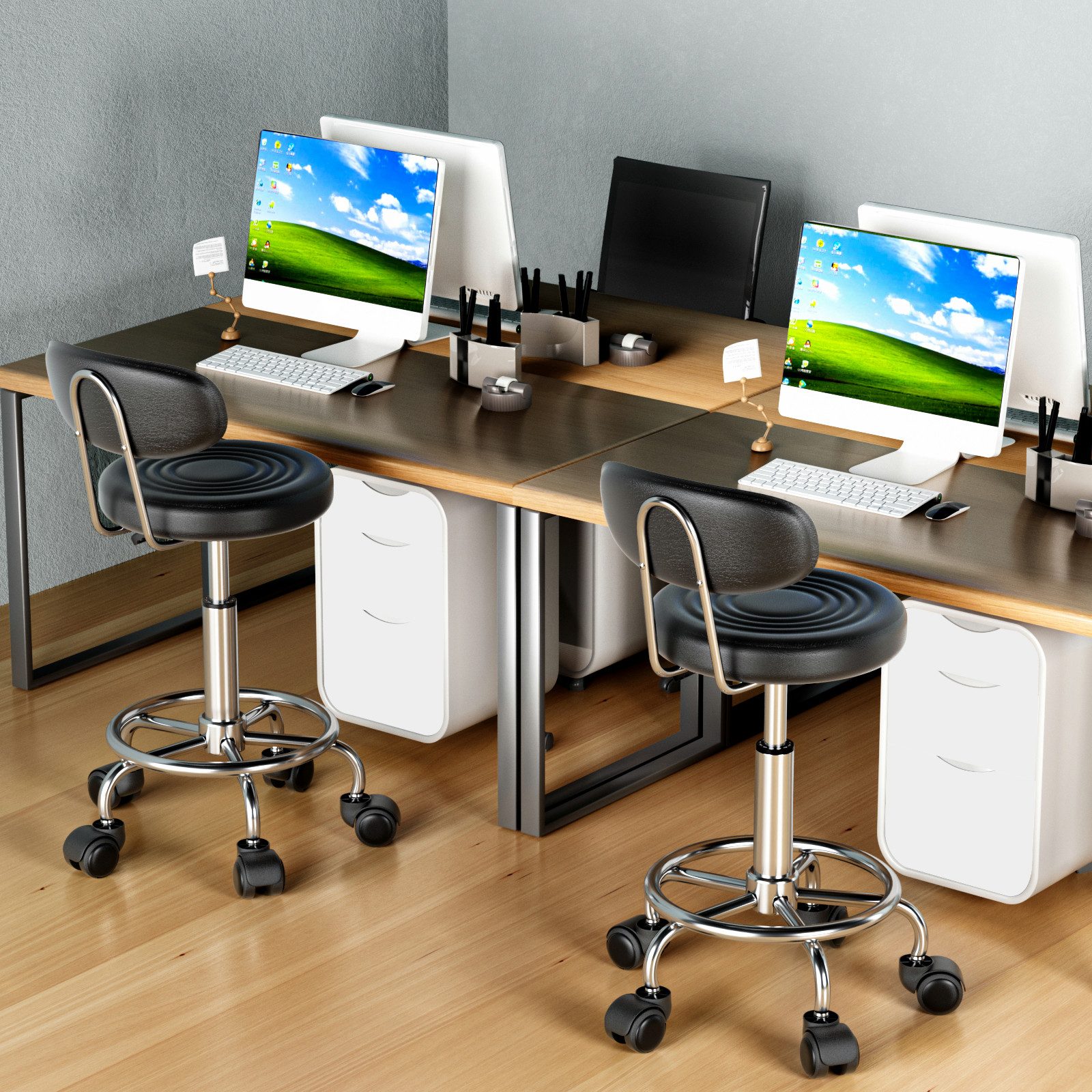 JEOBEST Drehhocker Bürostuhl Arbeitshocker mit Lehne, 360° Drehbar, (2 St., Rollhocker, Ergonomischer), PU Leder Ø34 x 47-61.5 cm – Bild 4 von 5