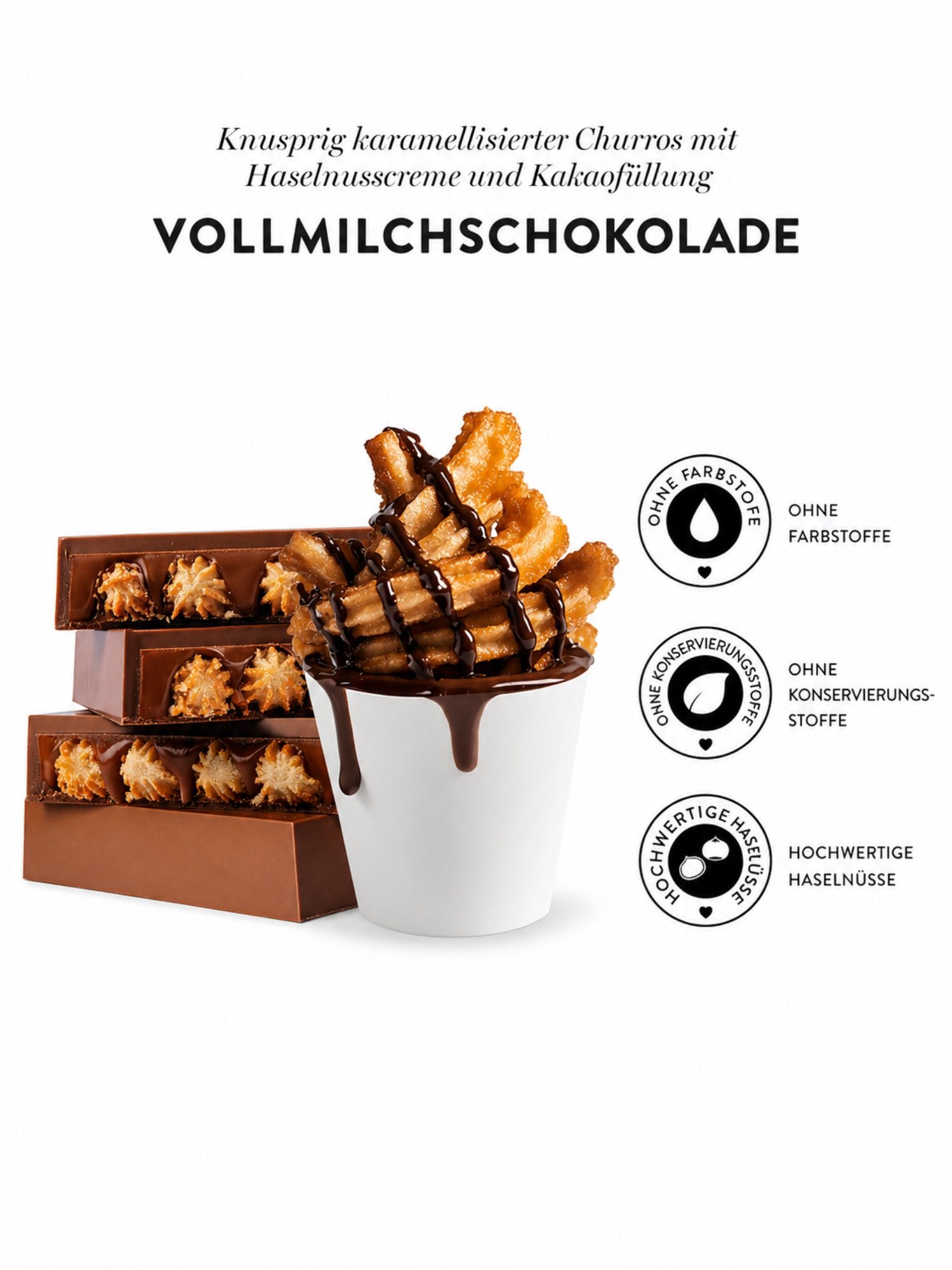 PATISLOVE Schokolade Churros Vollmilchschokolade mit Haselnusscreme 100g, ohne Konservierungsstoffe, ohne Farbstoffe, mit Haselnusscreme