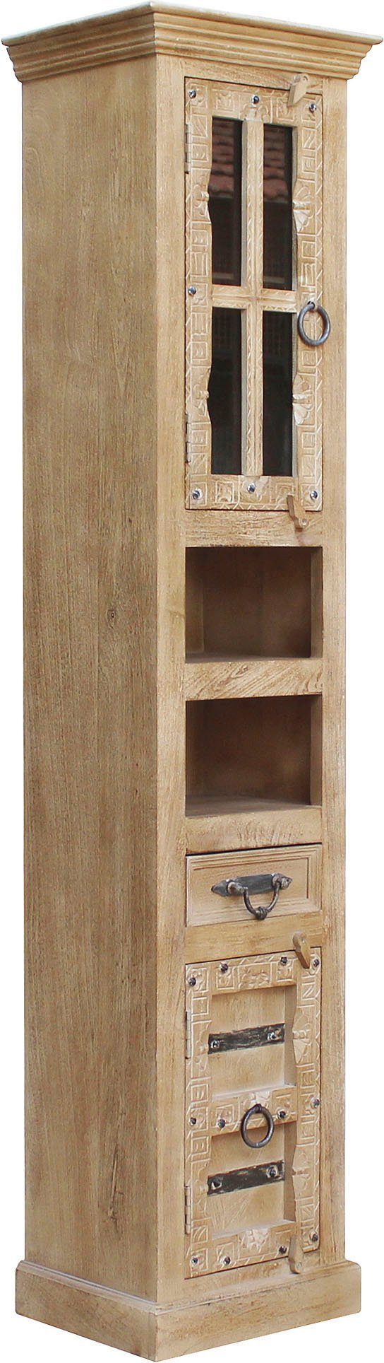 SIT Vitrine Daipur mit Glastür und 1 Schubkasten. 2 offen Fächer geschnitzte Verzierungen, Breite 44/Höhe 188 cm