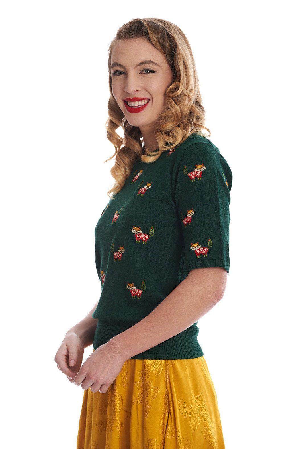 Banned Kurzarmpullover Scandi Fox Grün Vintage Rockabilly Fuchs Füchse