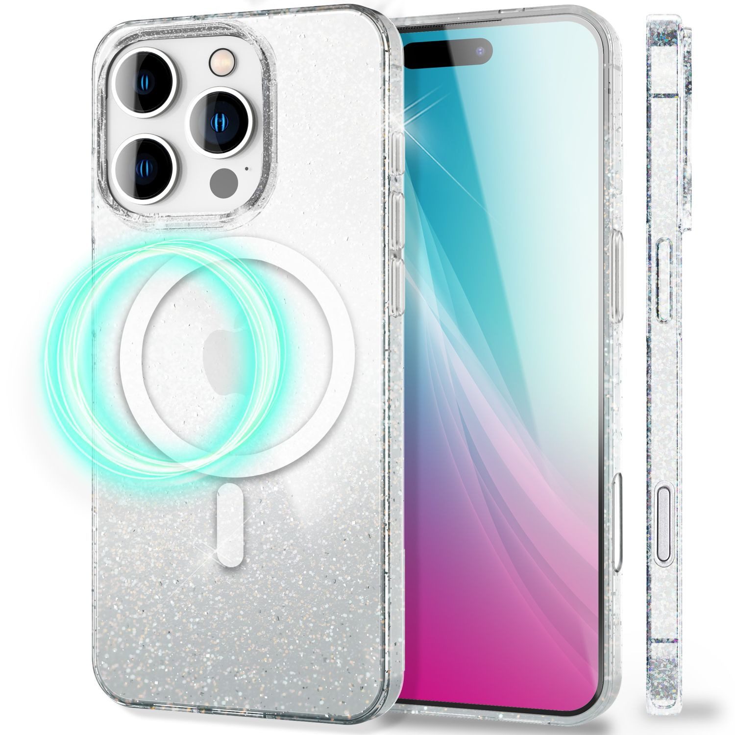 Nalia Smartphone-Hülle Apple iPhone 16 Pro Max 17,5 cm (6,9 Zoll), Starlite / Glitzer Vibes / MagSafe / Transparent / PC & TPU Material