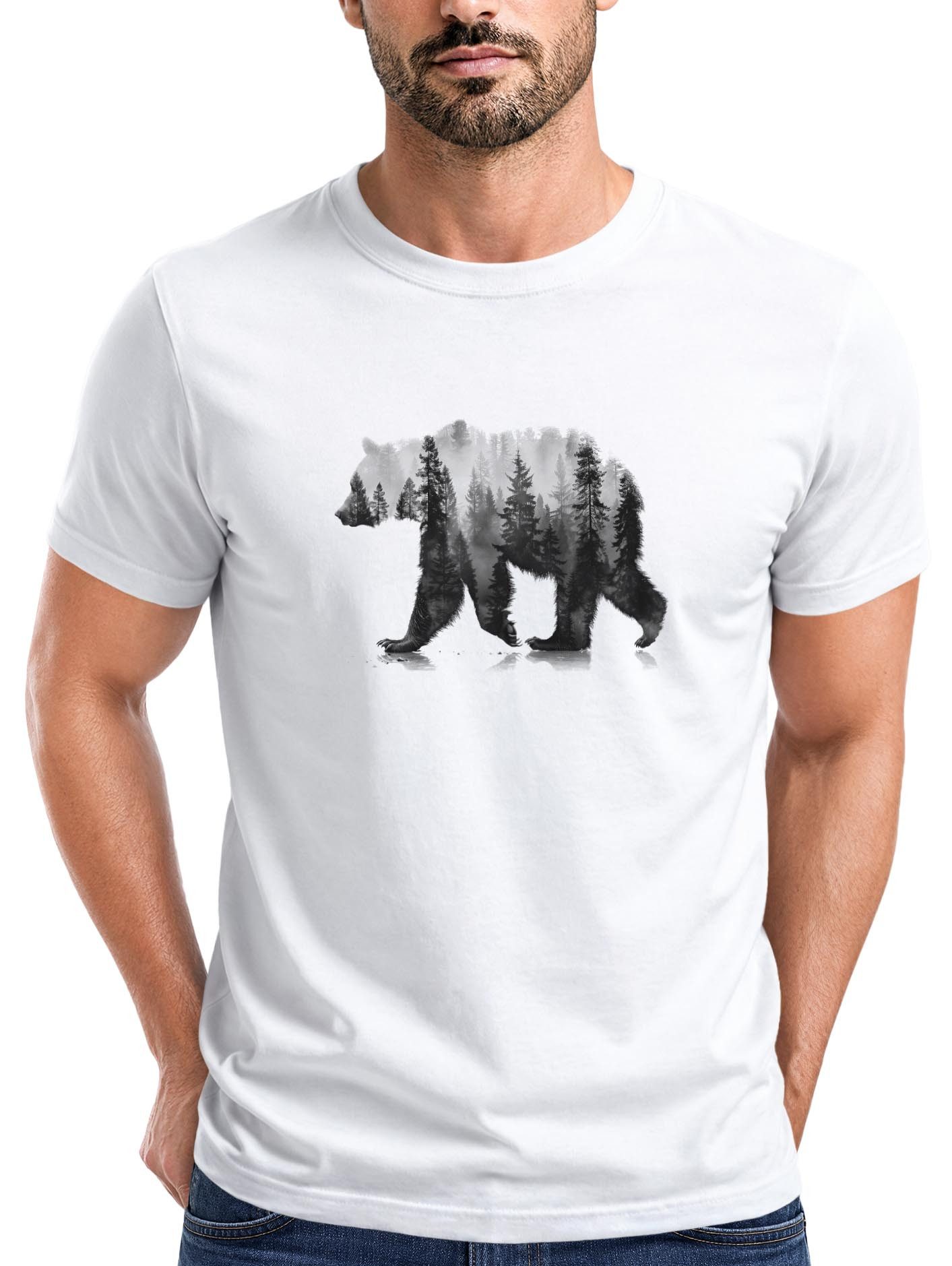Print-Shirt Herren T-Shirt Bär Motiv Aufdruck Grafik Printshirt Wald Büume