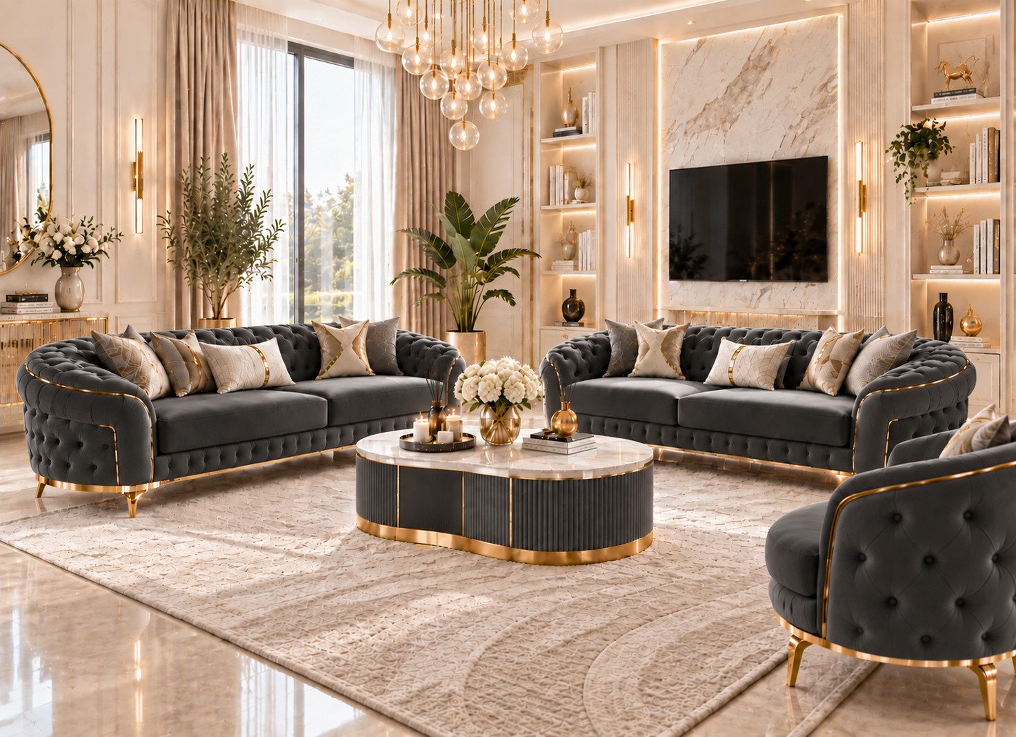Palms-Store Sofa Sofa -Set Monaco mit Knopfheftung in 6 edlen Farbvarianten, Spar-Set, 3-Sitzer + 3-Sitzer + Sessel