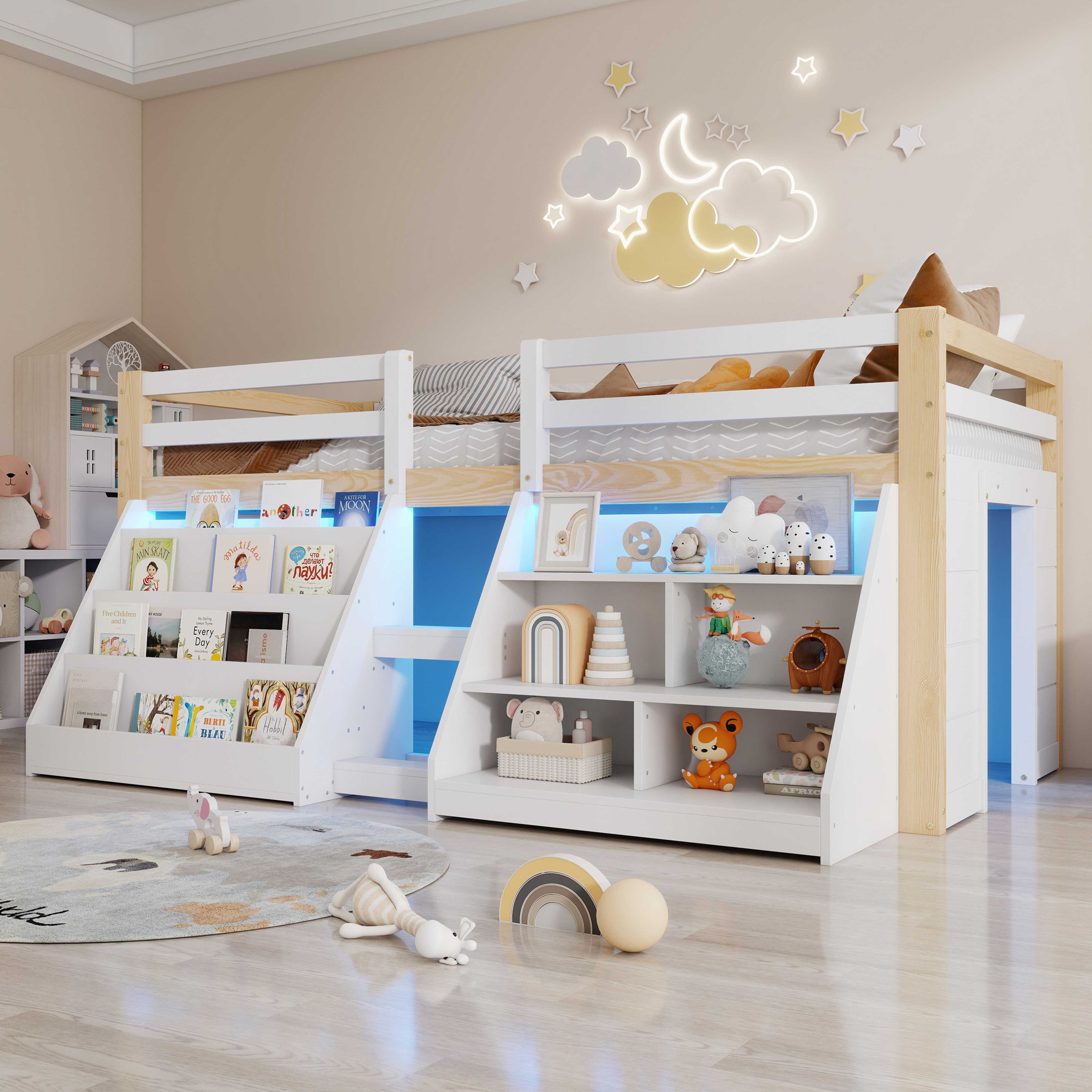 BlingBin Kinderbett Halbhohes Kinderbett 90x200 cm aus Kiefer (1-tlg., mit Stauraum-Regalen, Rundum-Sicherheitsgeländer), stabiler Leiter & App-LED, ohne Matratze